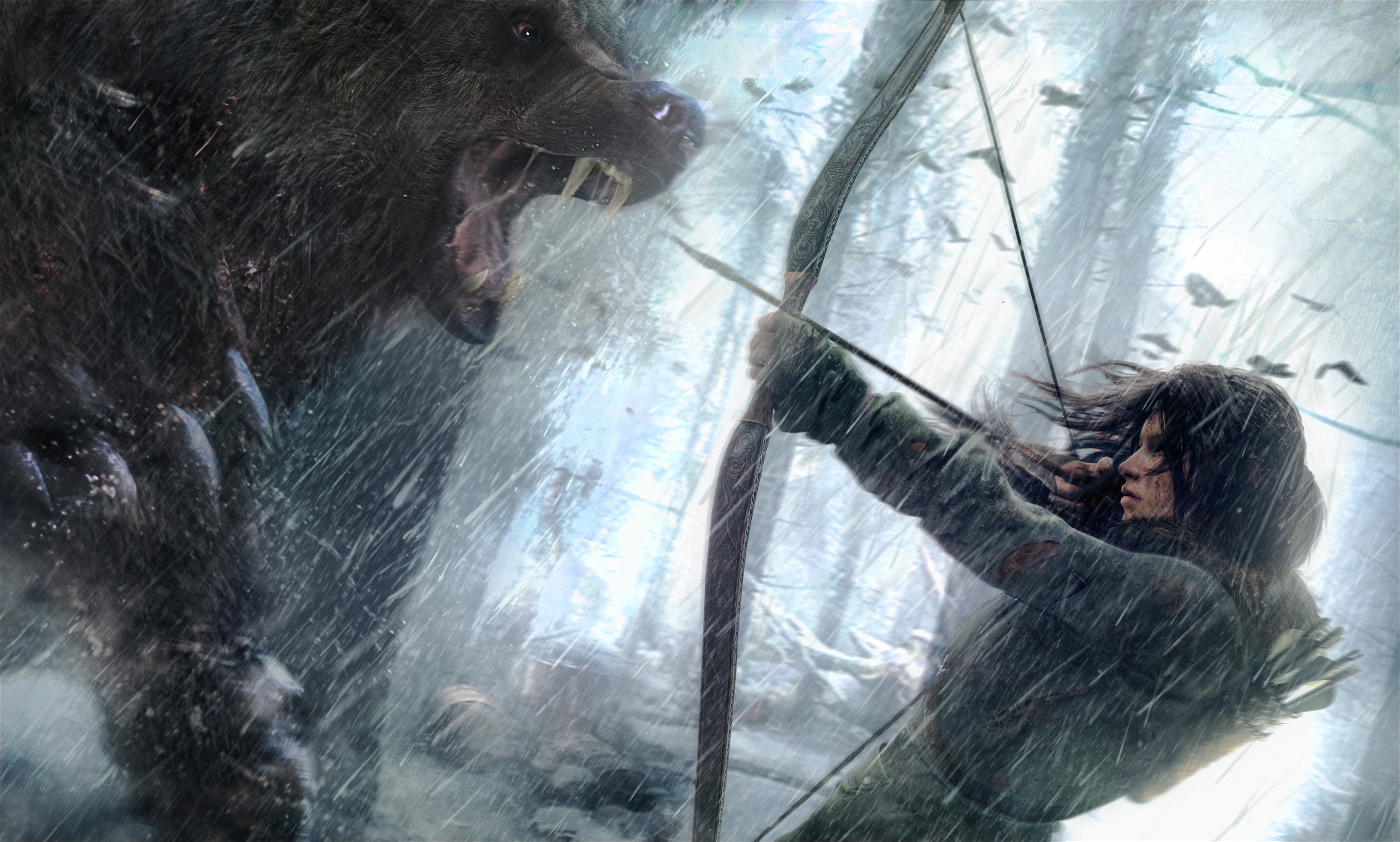 Lara Croft fights a bear with a bow and arrow in the snow HD Wallpaper