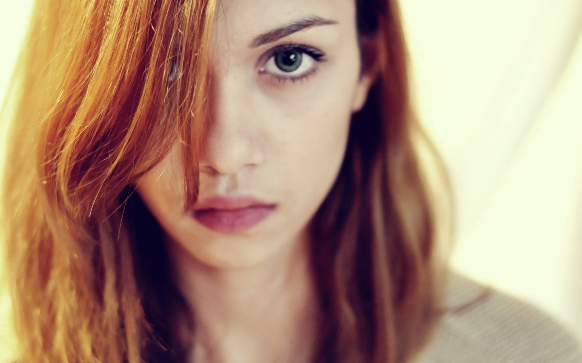 Portrait of a young woman with red hair and green eyes HD Wallpaper