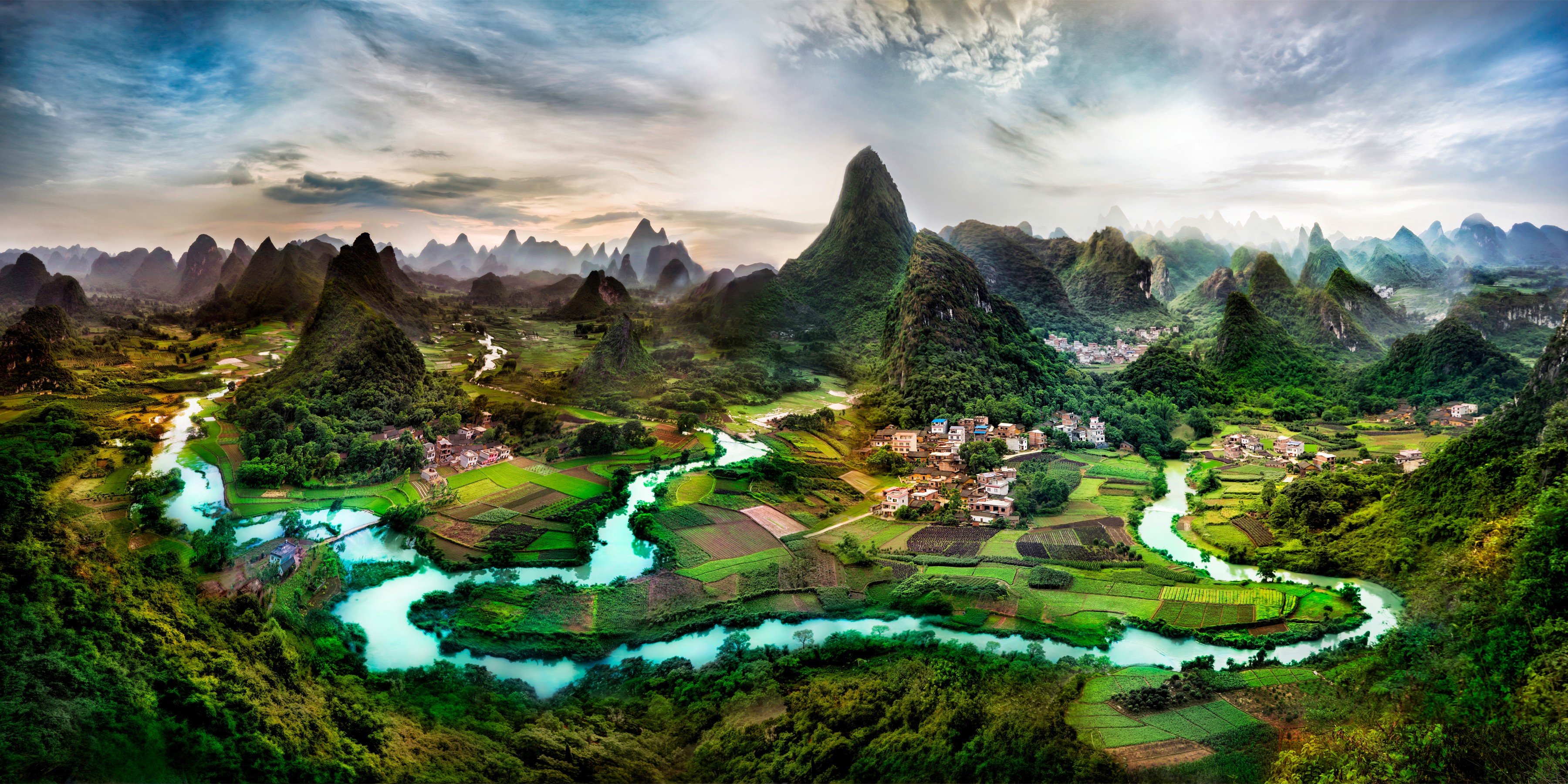 Karst landscape with river and villages in China HD Wallpaper