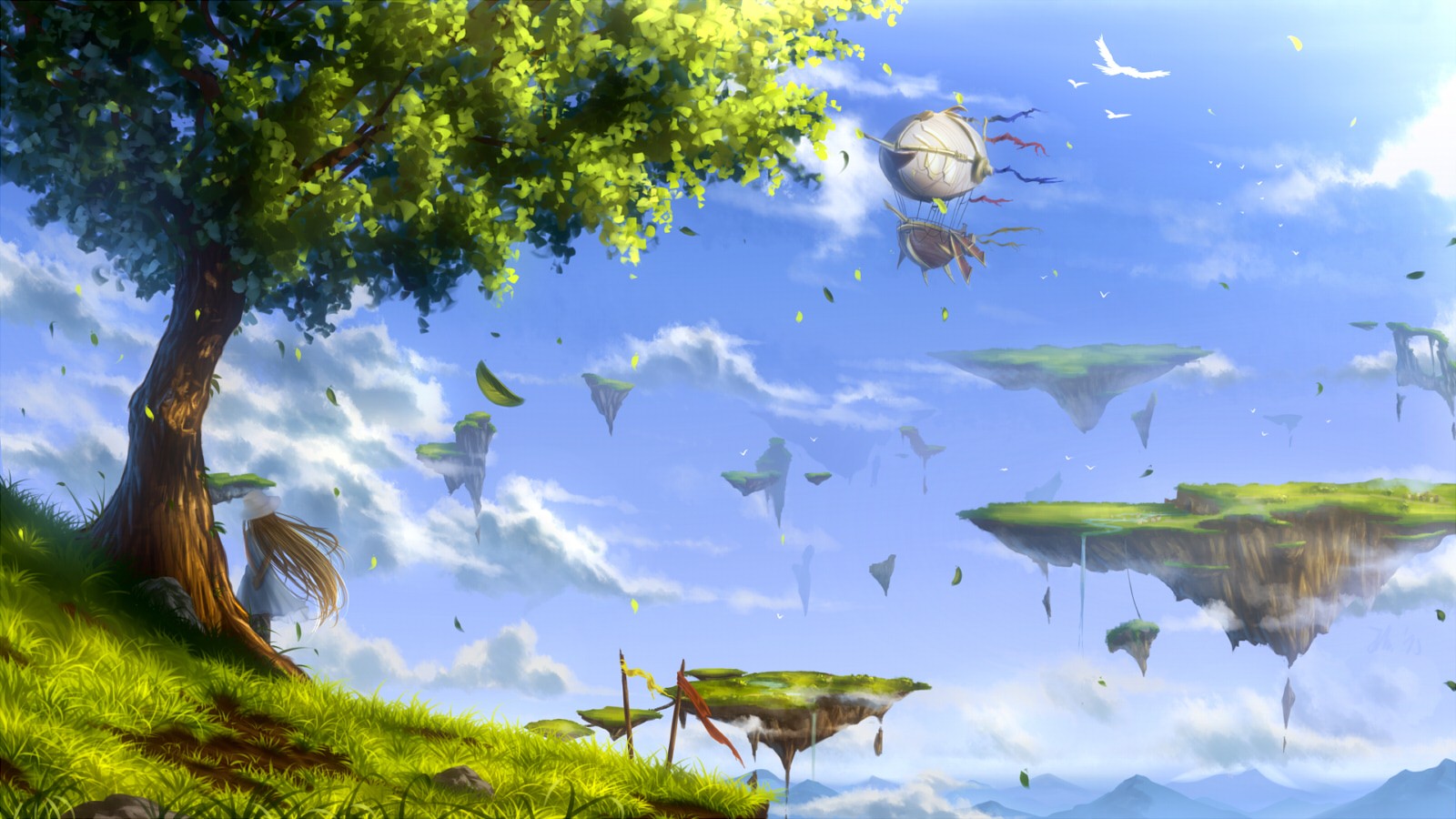 Anime landscape with floating islands and airships HD Wallpaper