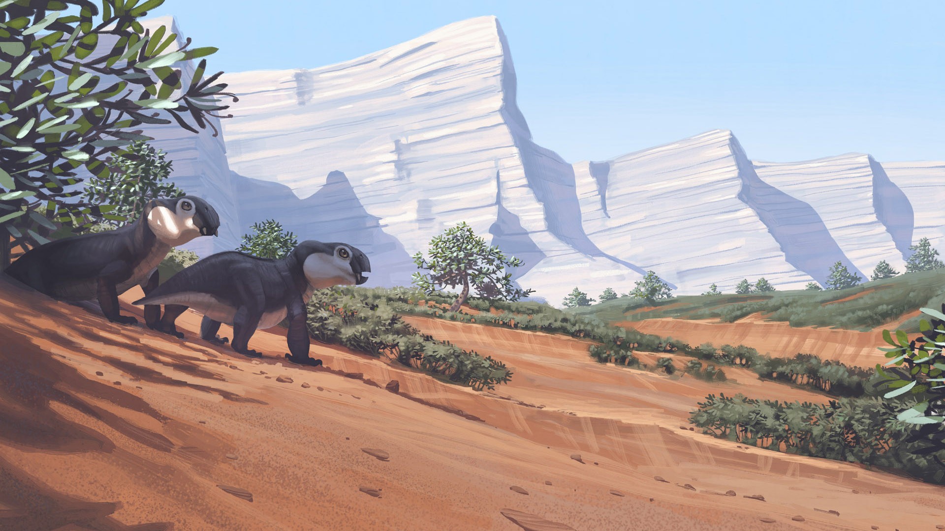 Two dinosaurs in a prehistoric landscape HD Wallpaper