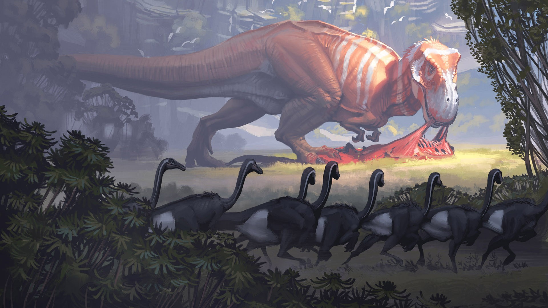 Tyrannosaurus Rex eating prey with Gallimimus running HD Wallpaper