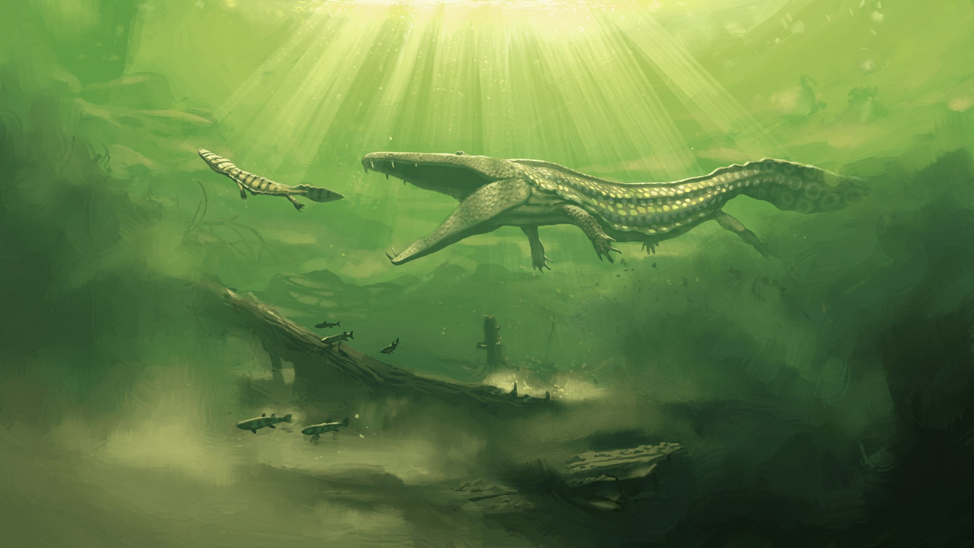 Artwork of prehistoric marine reptiles and fish HD Wallpaper