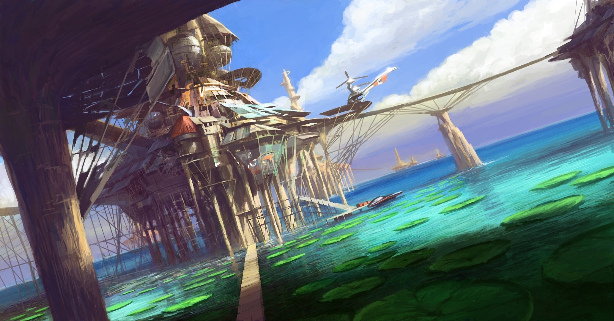 Science fiction settlement on stilts in the ocean HD Wallpaper
