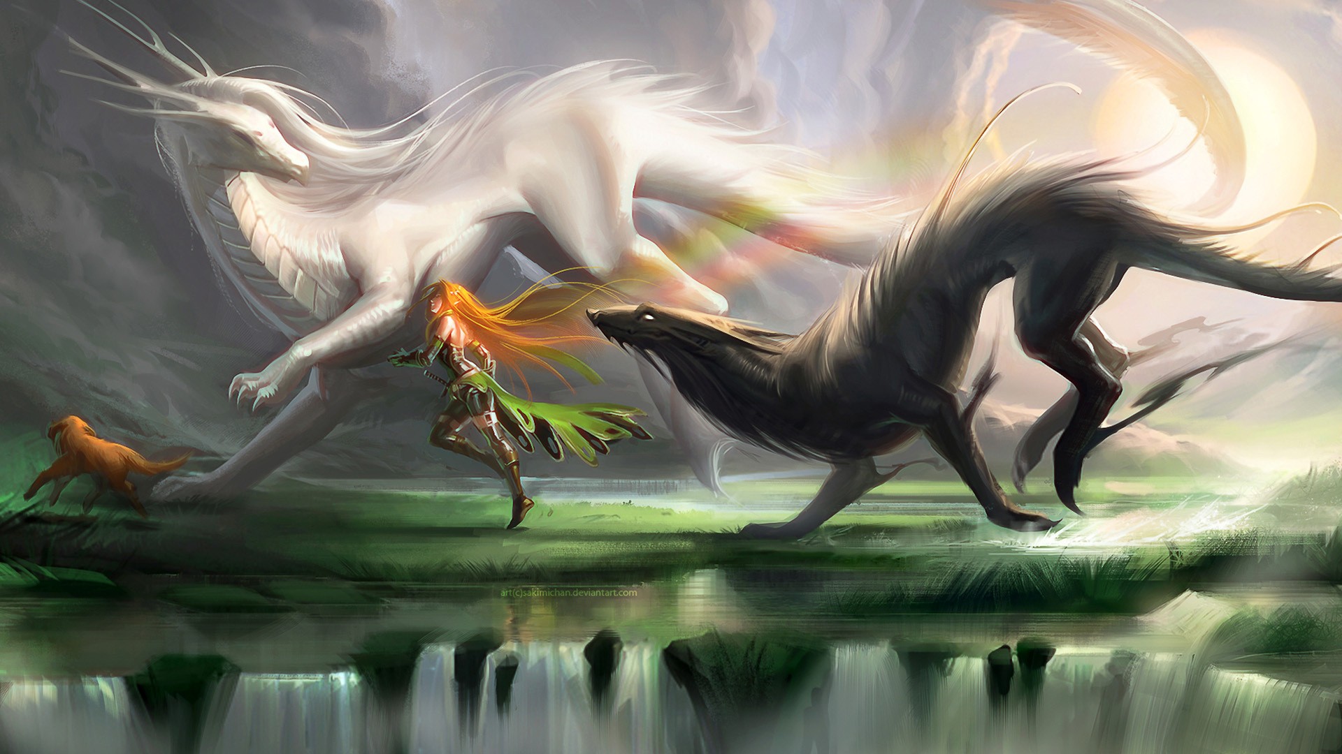 Two dragons and a woman in a fantasy landscape HD Wallpaper