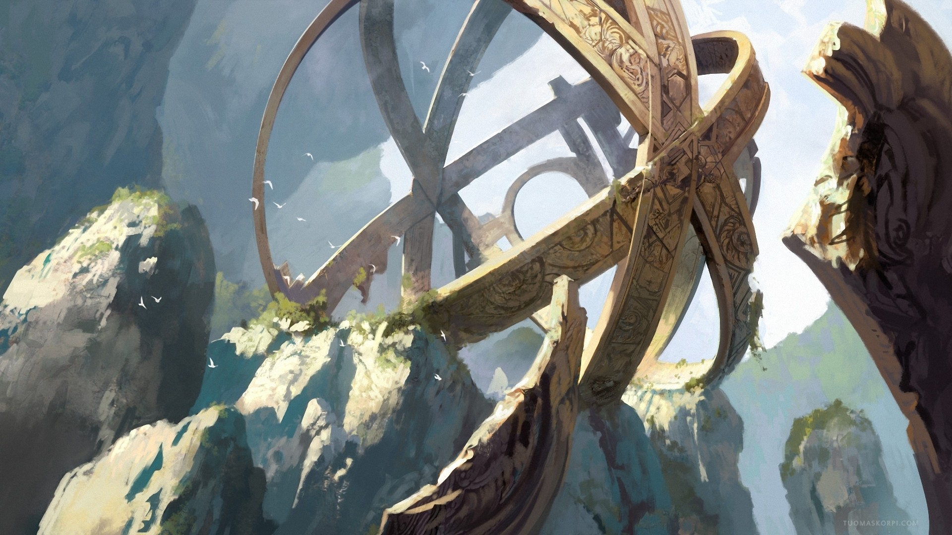 Ancient ruin of a celestial orrery on a rocky mountain HD Wallpaper