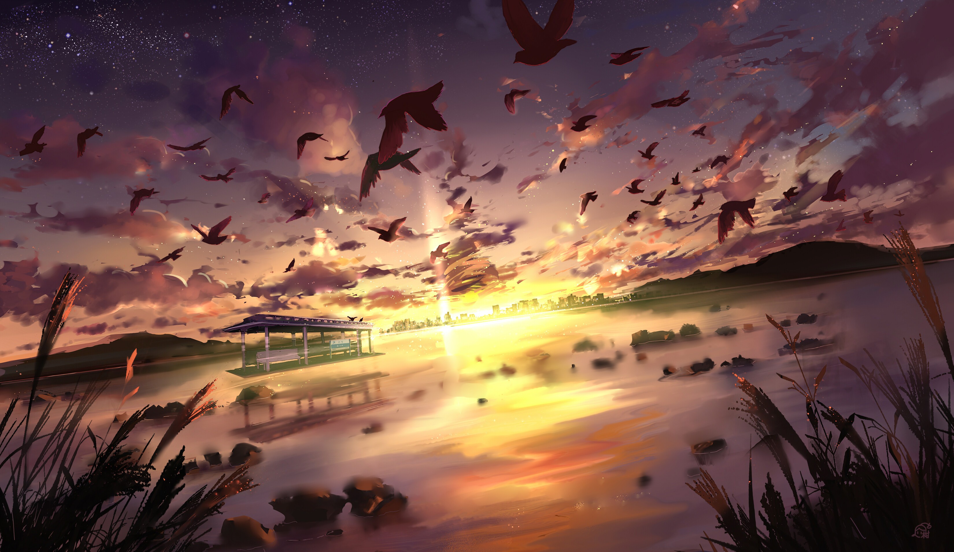 Birds flying at sunset over a lake HD Wallpaper