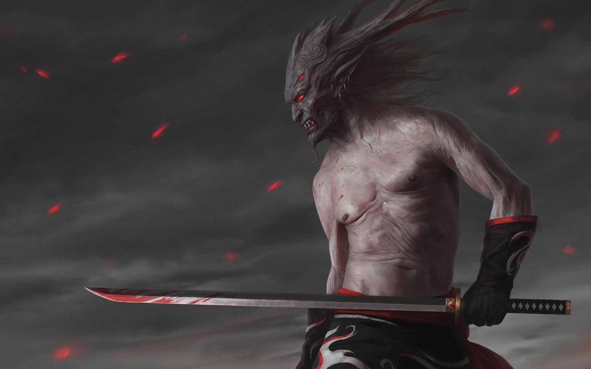 Fantasy warrior with bloody sword HD Wallpaper