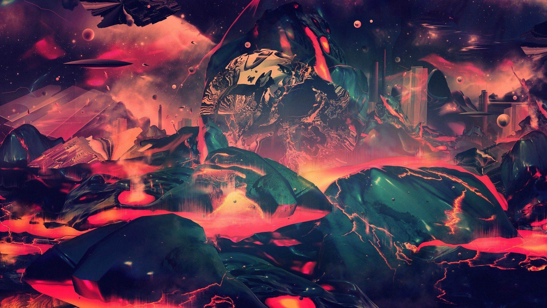 Surreal landscape with lava and abstract structures HD Wallpaper