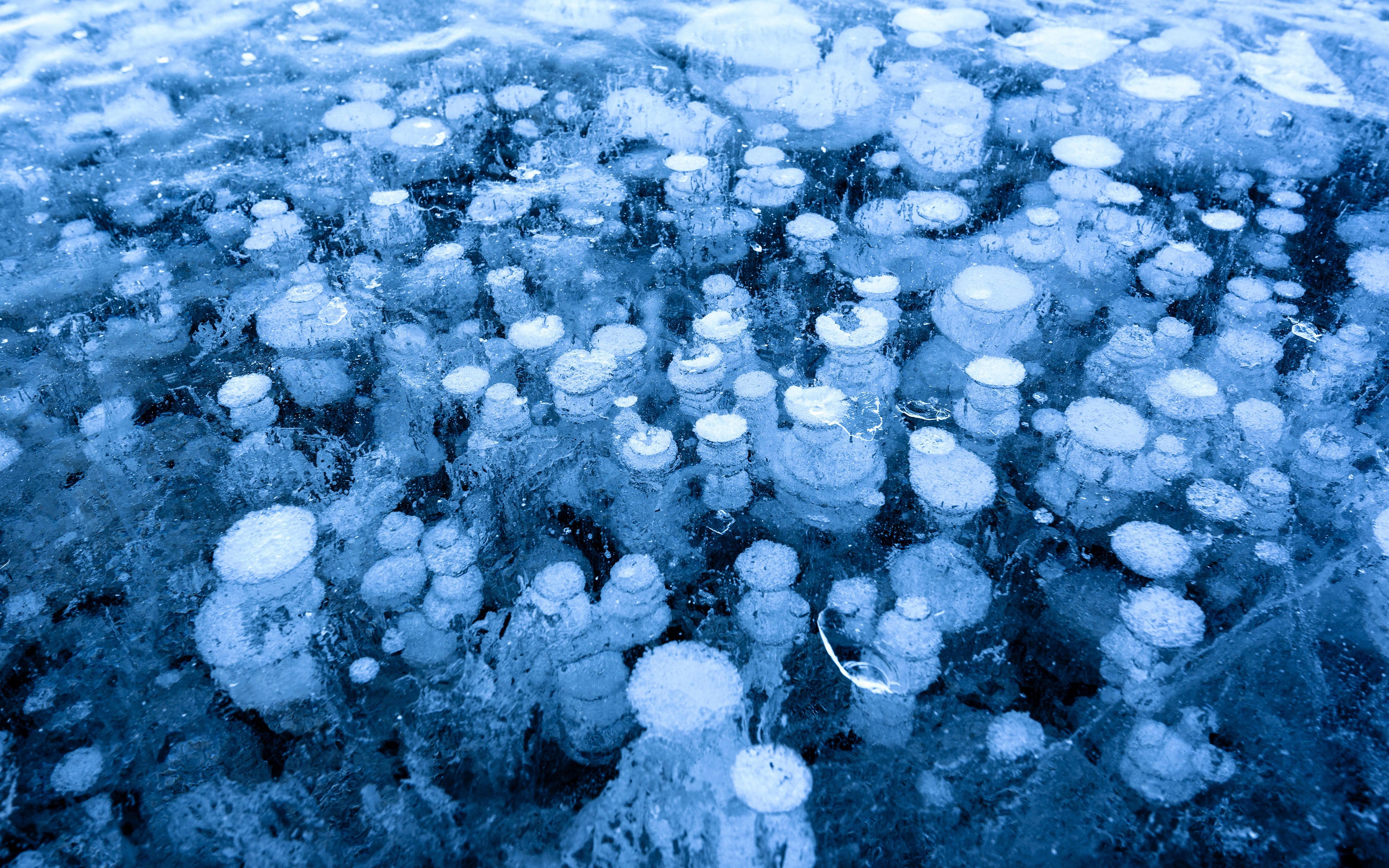 Frozen lake with trapped air bubbles in ice HD Wallpaper
