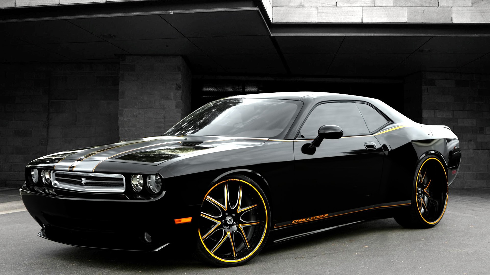 Black Dodge Challenger with gold accents HD Wallpaper