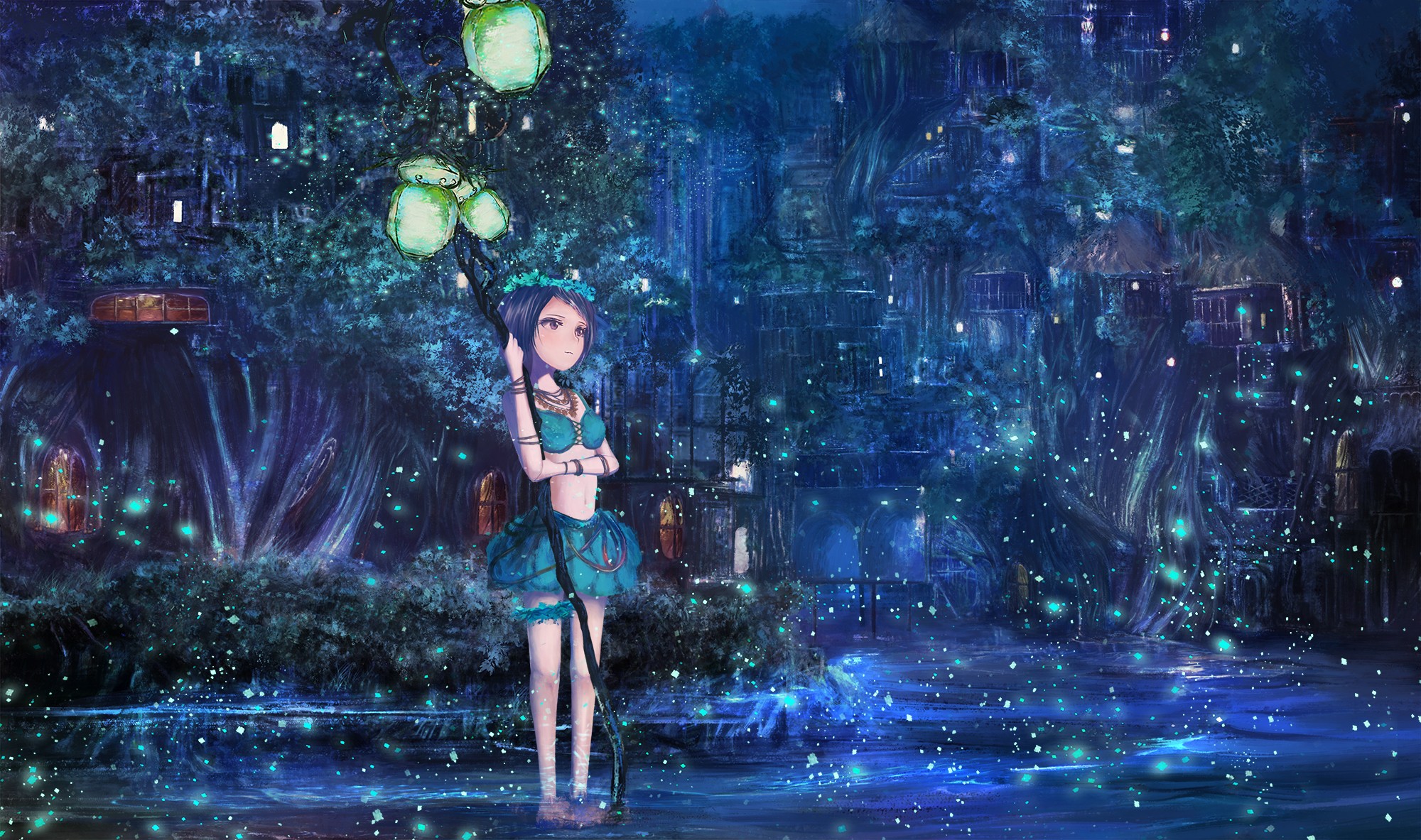 Girl with blue hair and staff in a magical forest HD Wallpaper