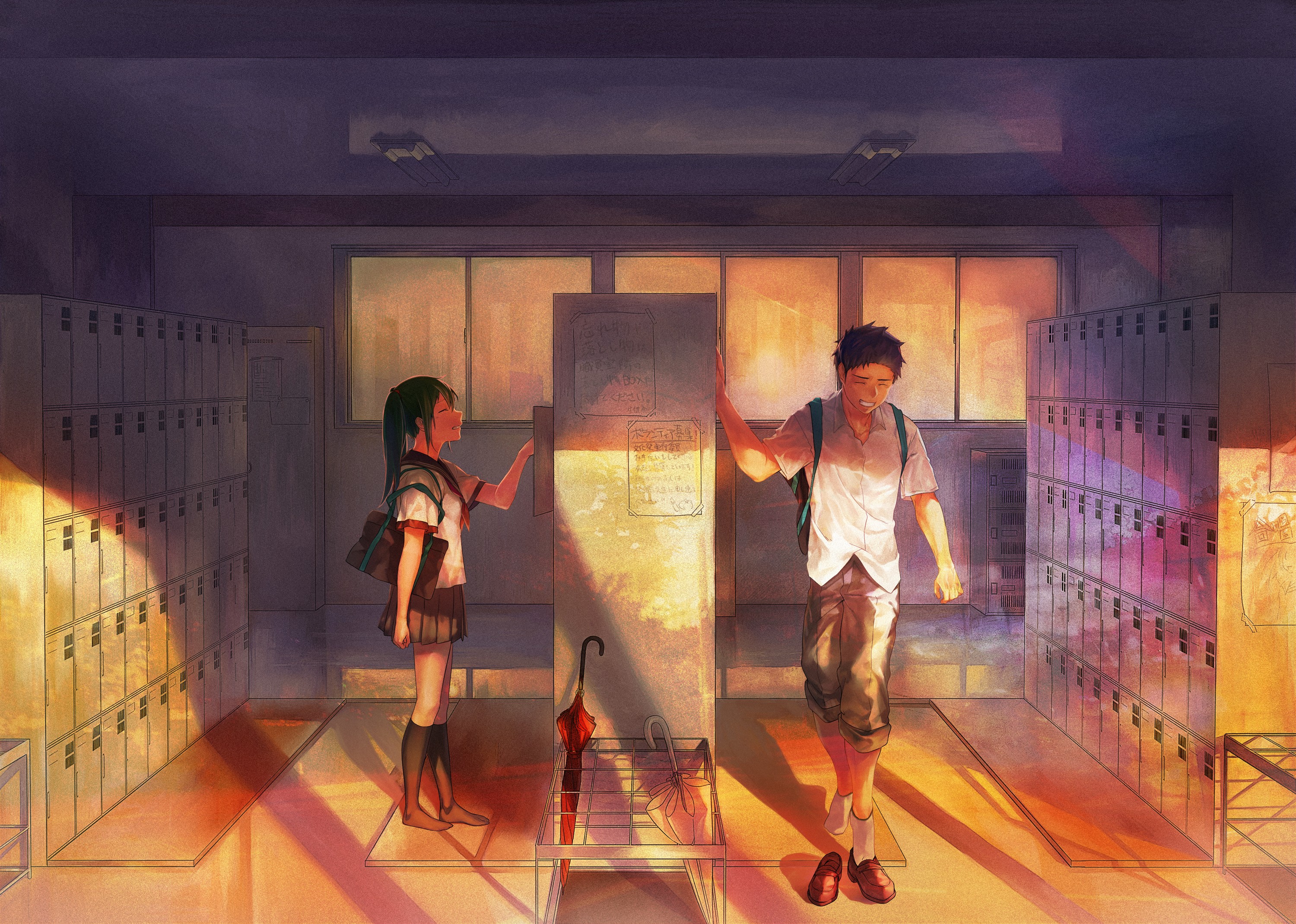 School hallway with students at lockers HD Wallpaper