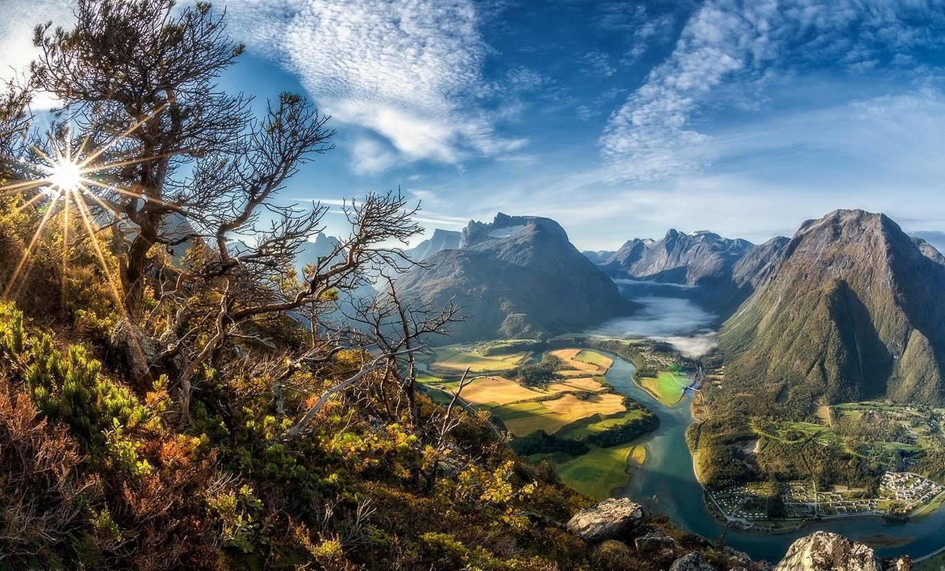 summer, cityscape, nature, Norway, mountains, clouds, sun rays, valley, landscape, trees, field, river HD Wallpaper