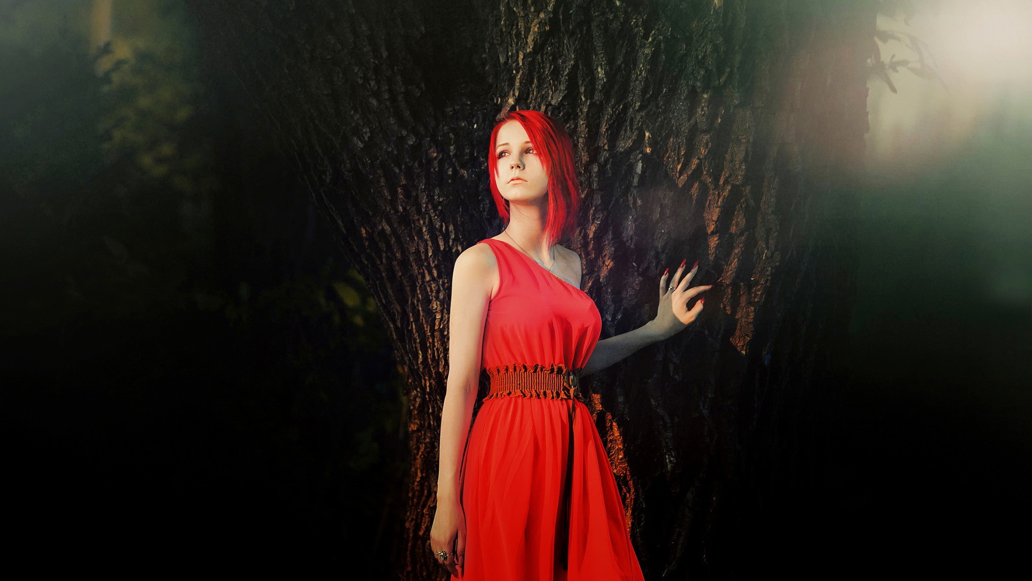 Redhead woman in red dress by a tree HD Wallpaper