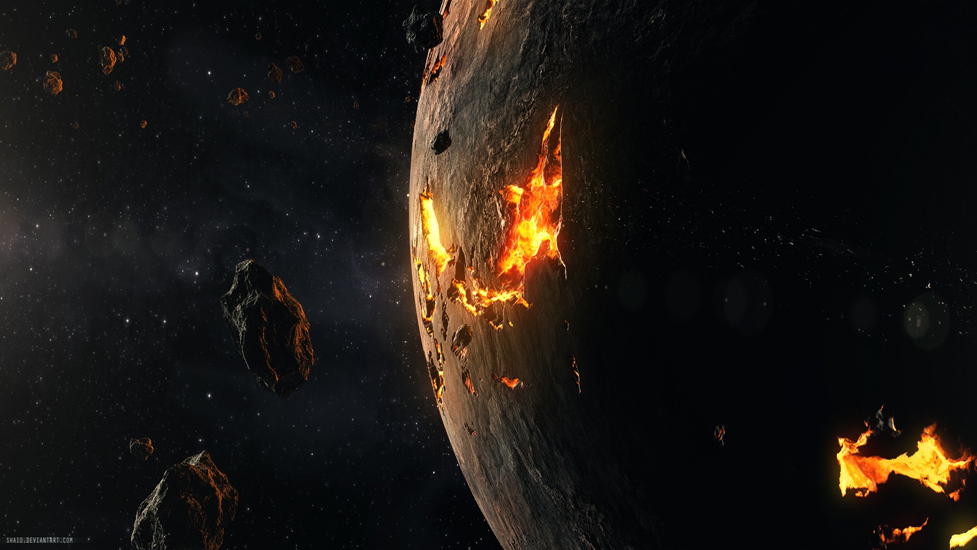Exploding planet with asteroids in space HD Wallpaper