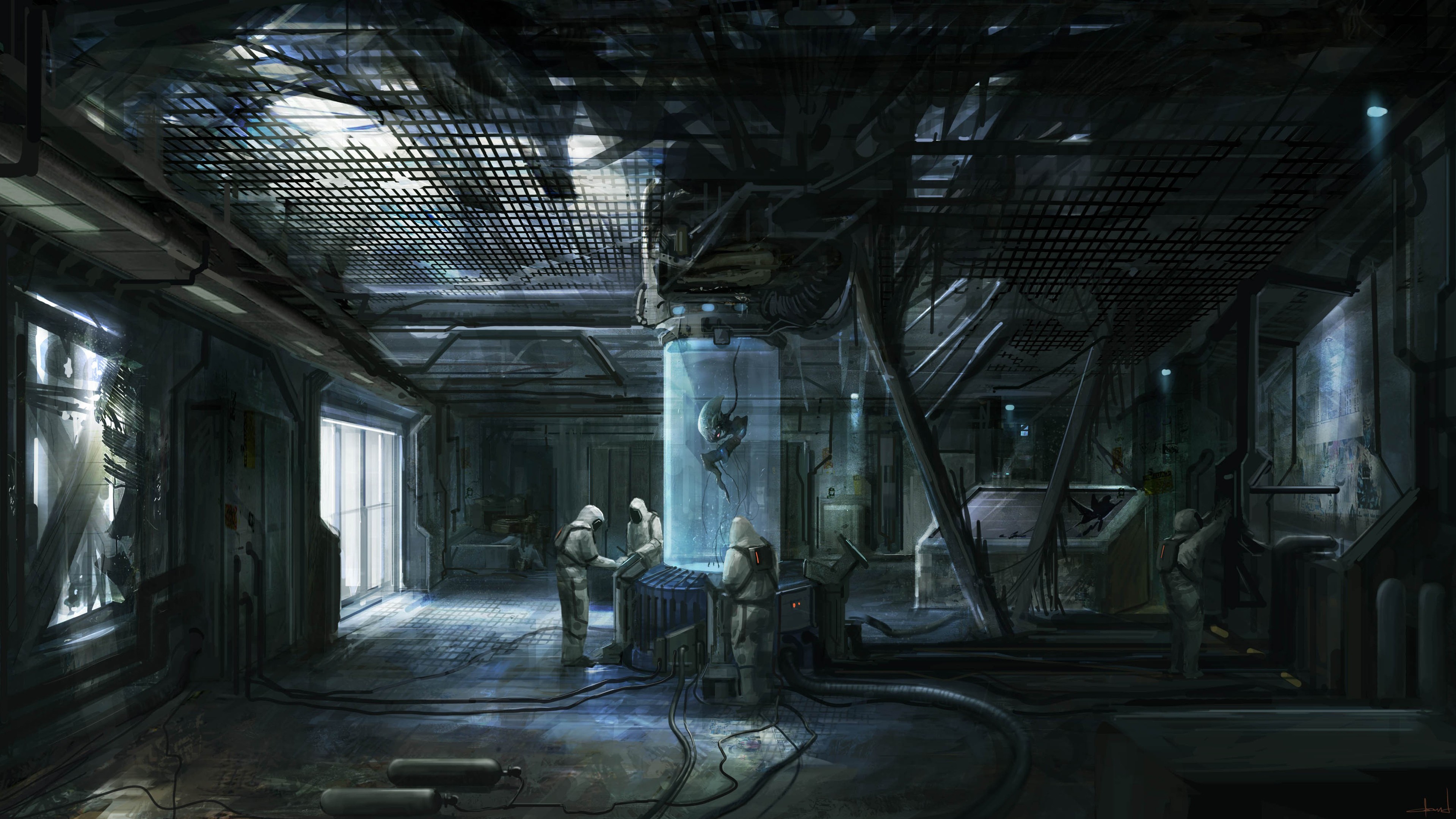 Scientists examine alien specimen in futuristic laboratory HD Wallpaper