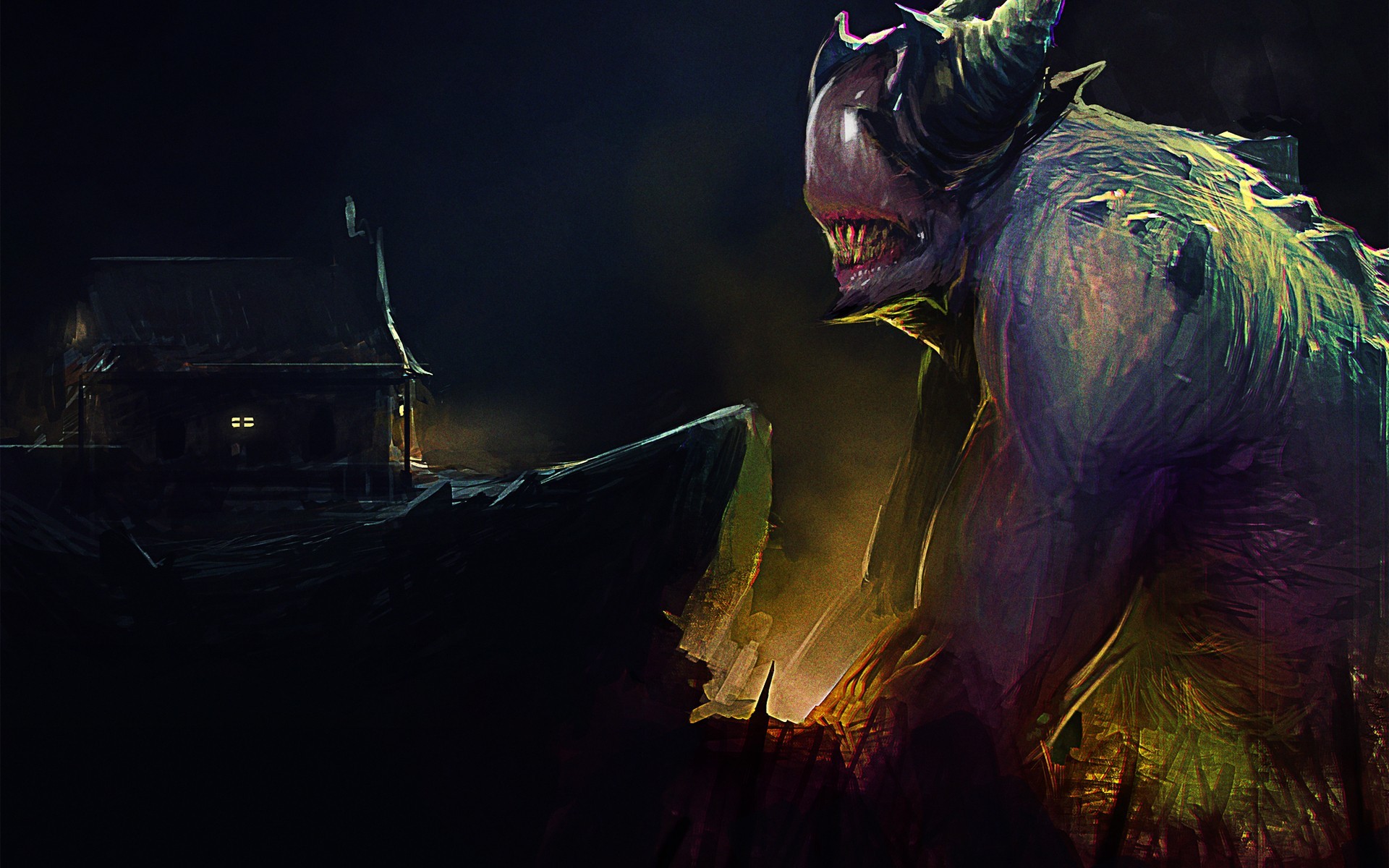 A monster looms over a small house HD Wallpaper