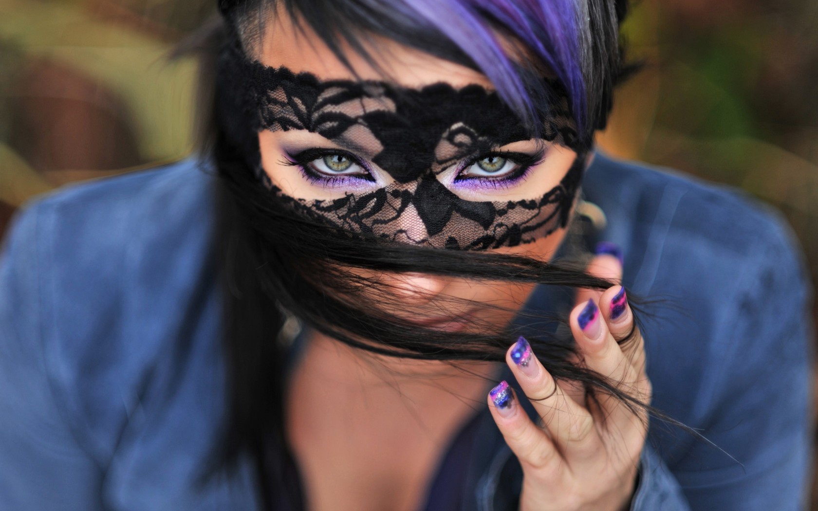 Woman with purple streaks in hair wearing a lace mask HD Wallpaper