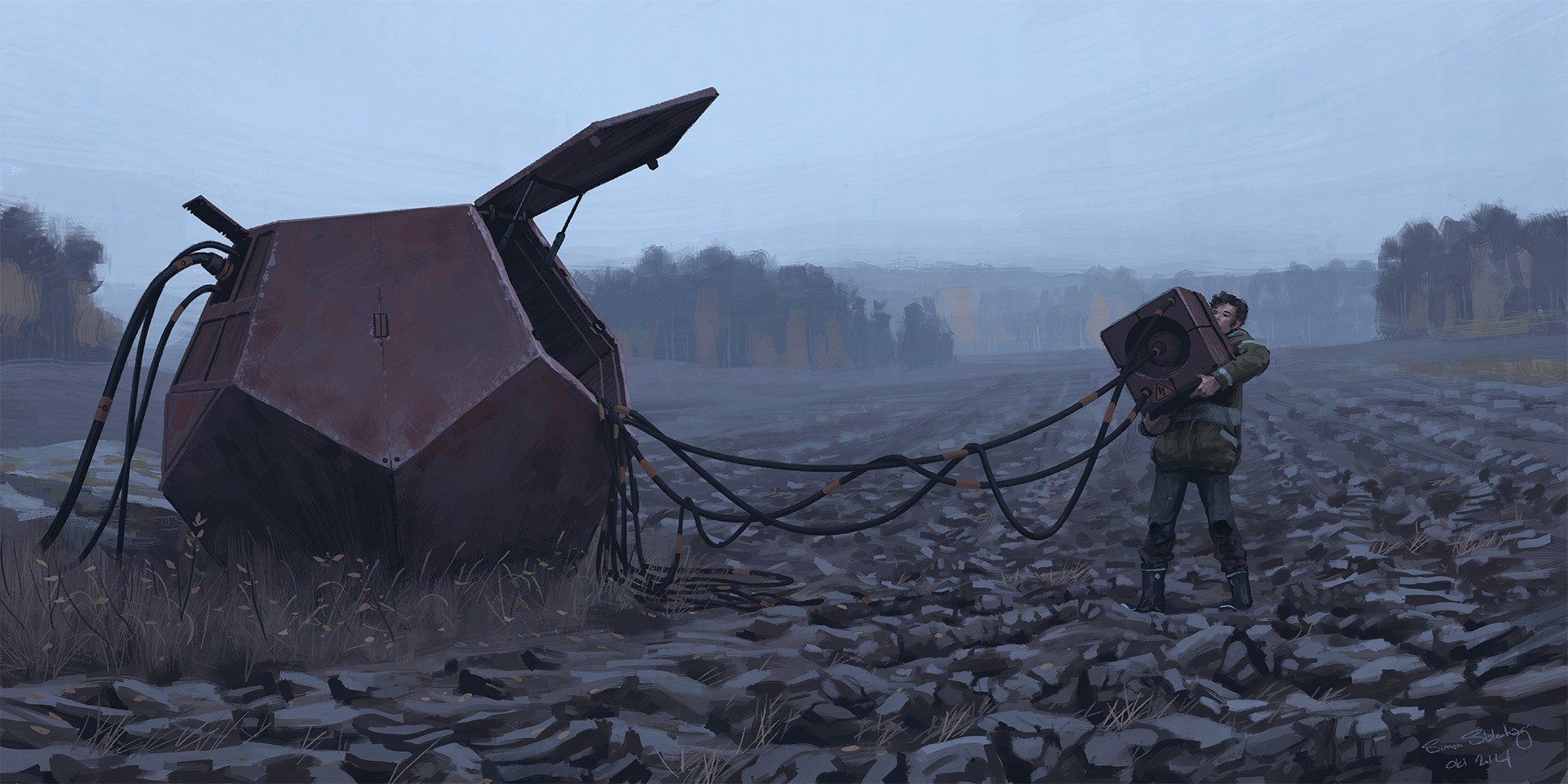 Simon Stålenhag drawing of a person with a futuristic device HD Wallpaper