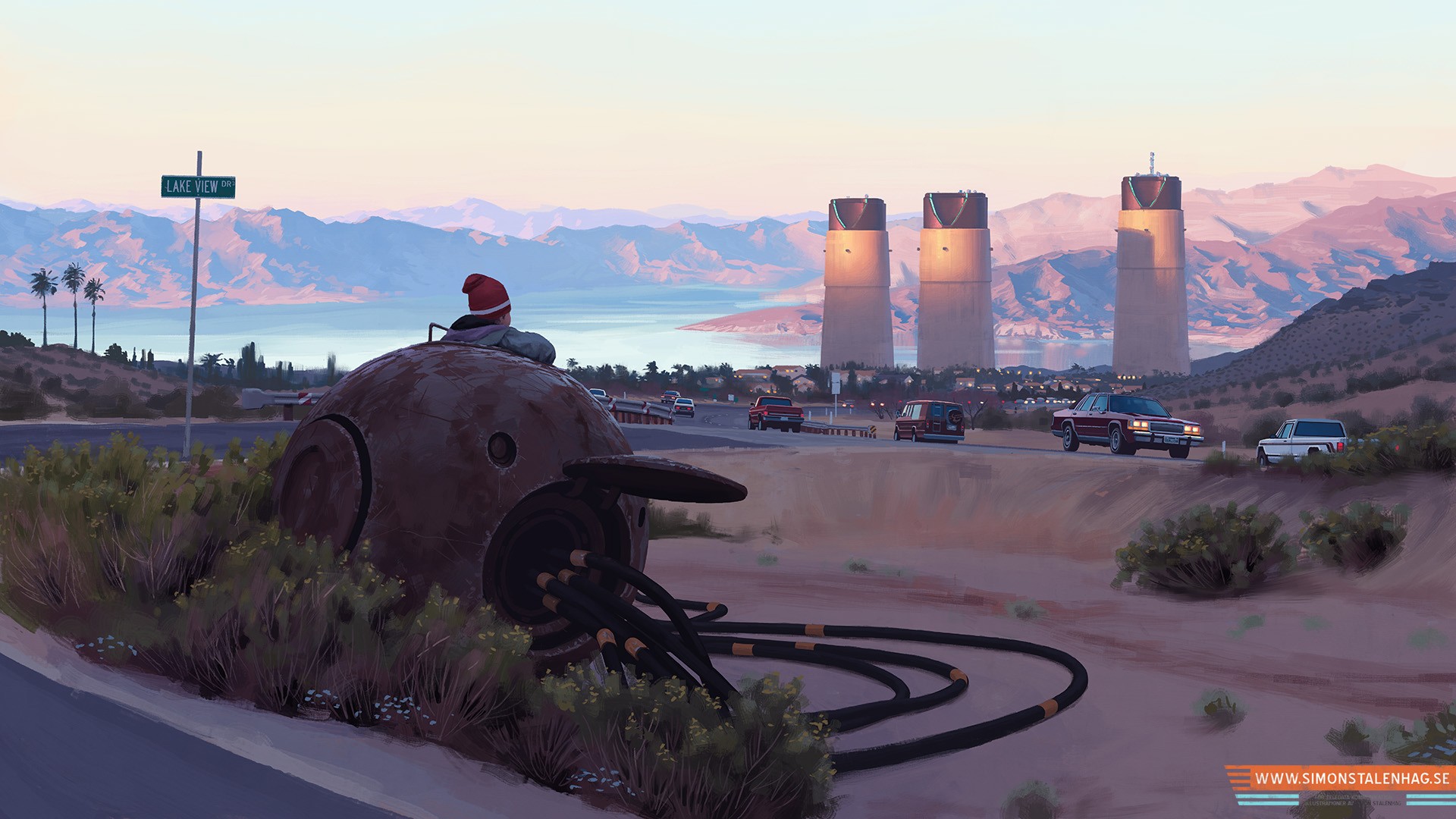 Science fiction landscape with futuristic towers and a robot HD Wallpaper