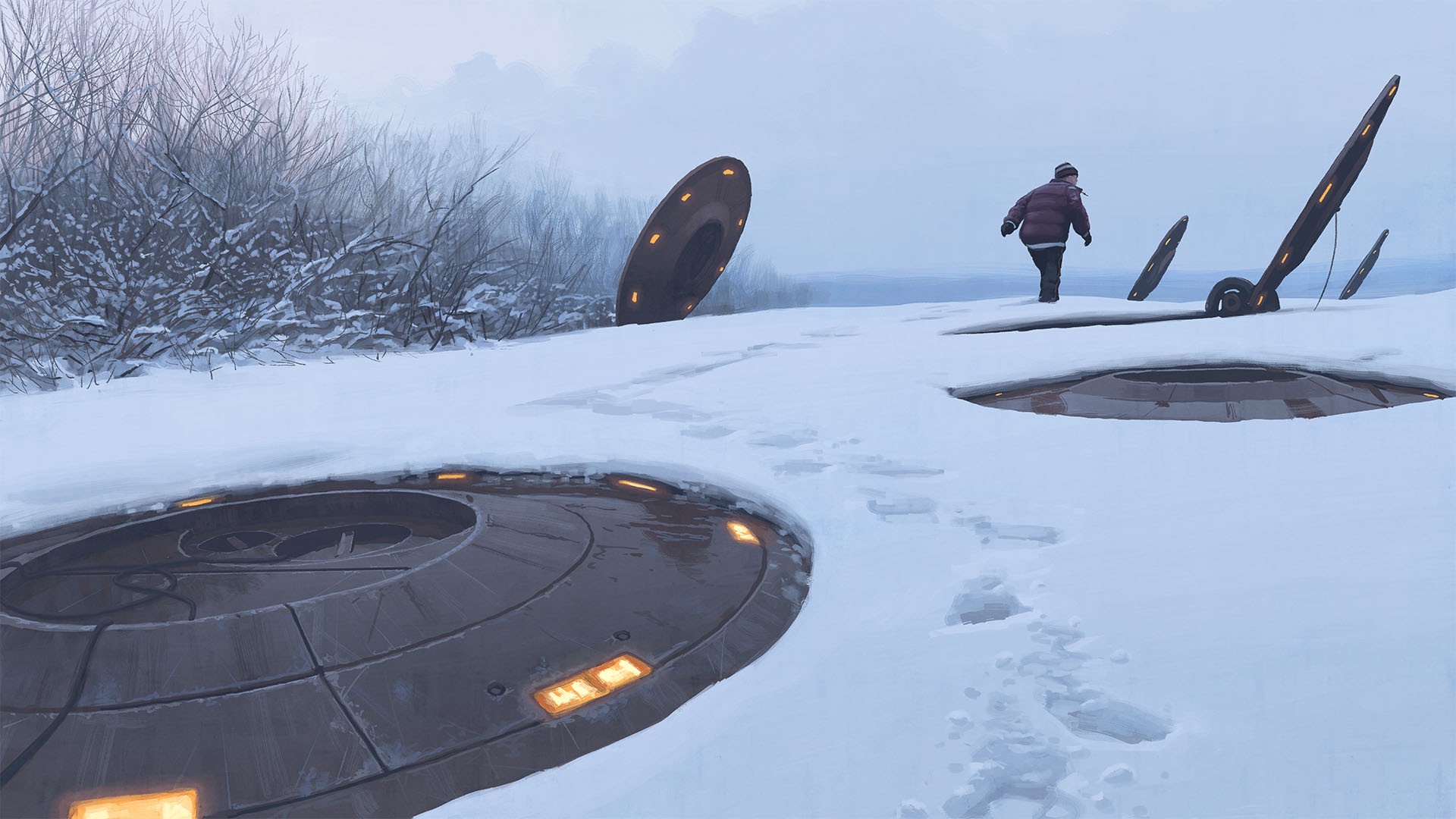 Simon Stålenhag's drawing of UFOs in the snow HD Wallpaper