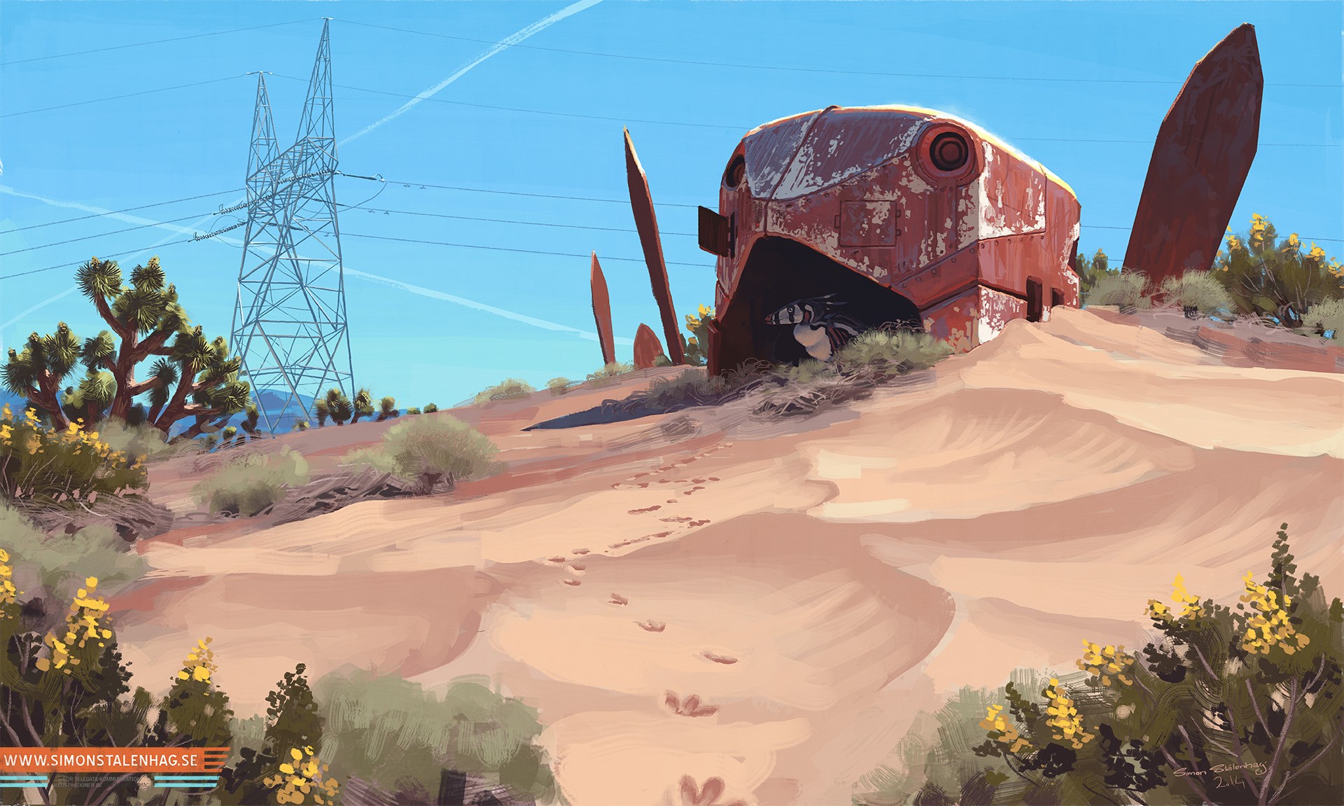 Simon Stålenhag artwork of a desert landscape with a crashed robot HD Wallpaper
