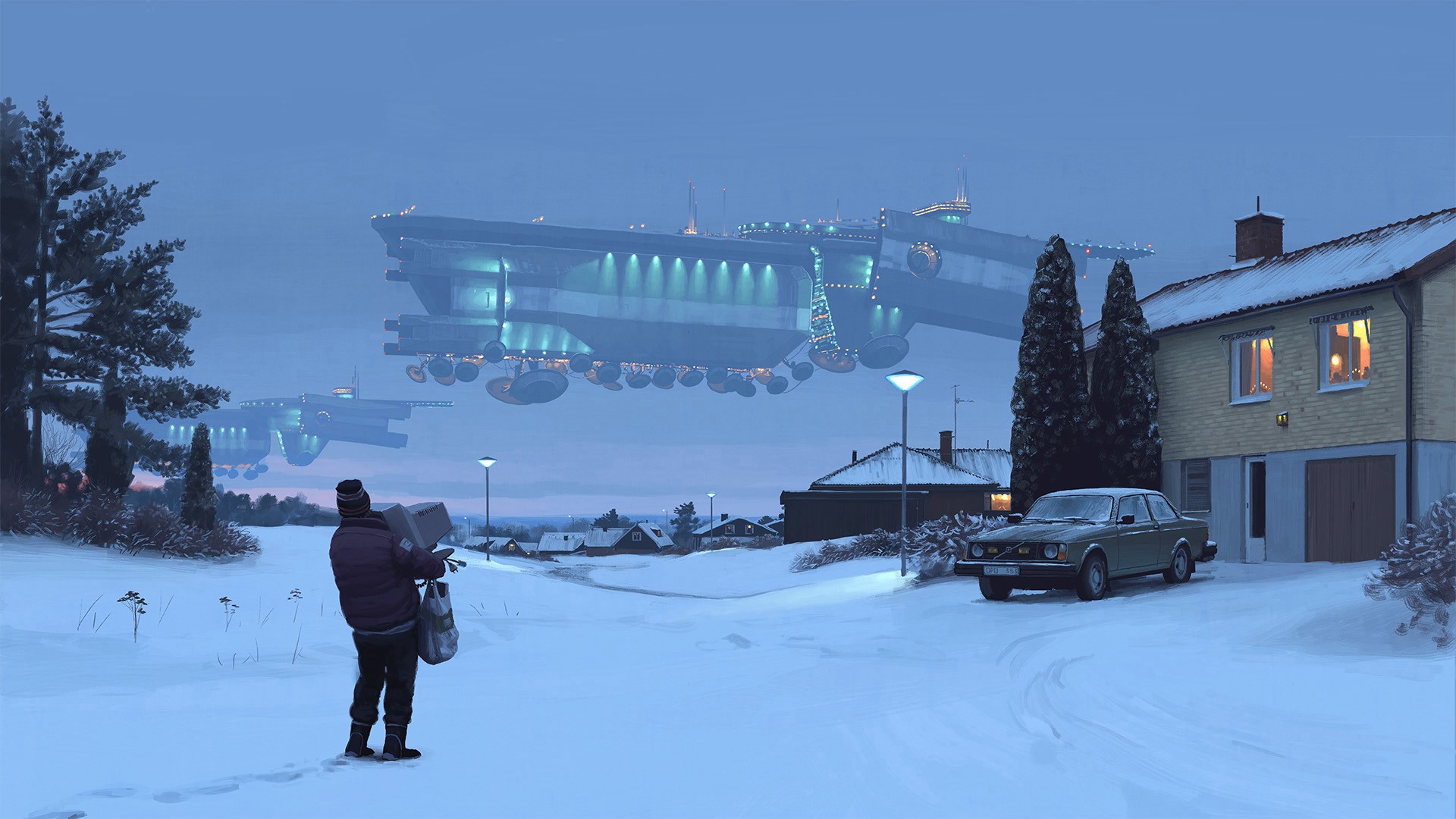 Simon Stålenhag's futuristic village with alien ships HD Wallpaper