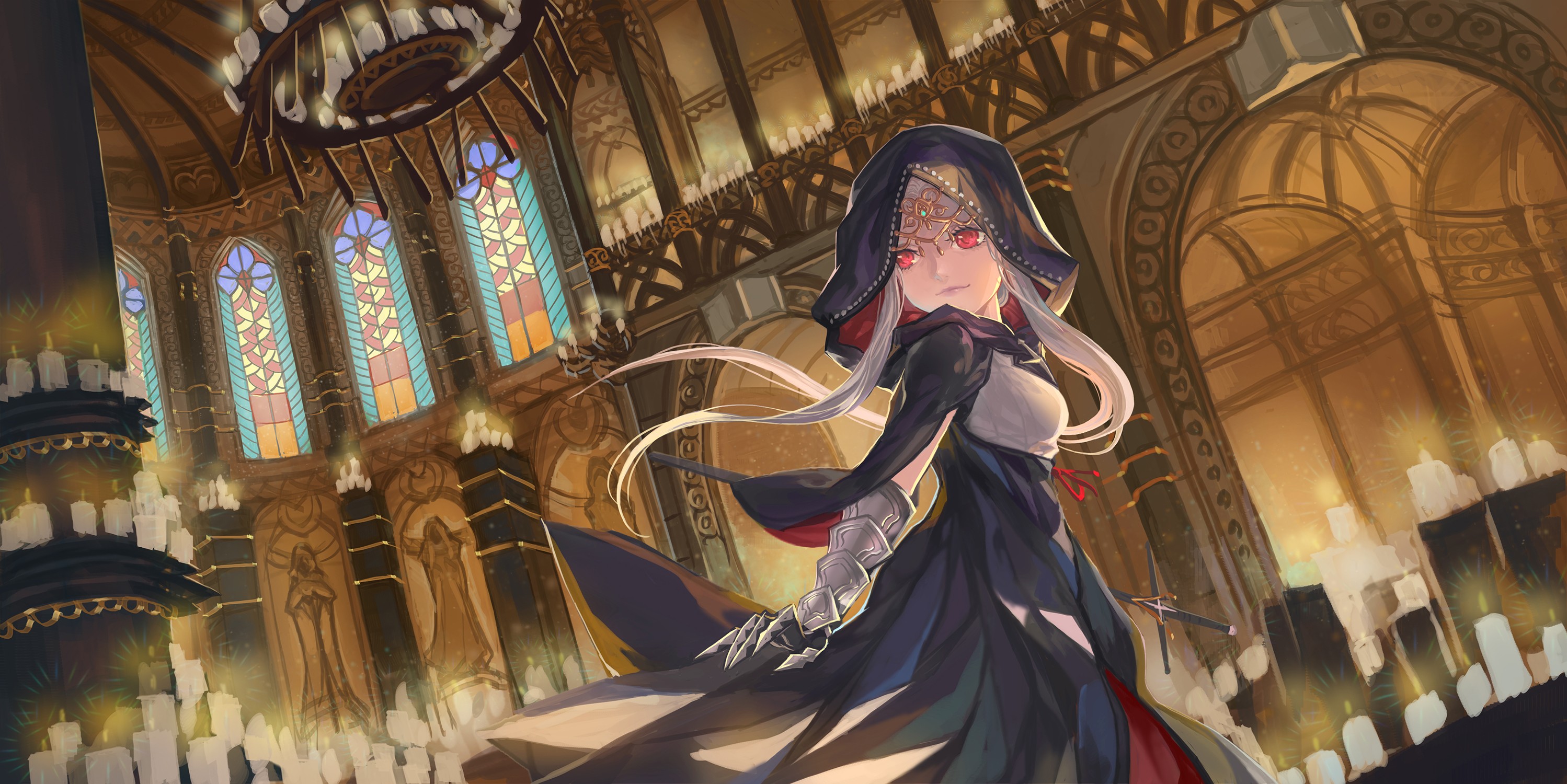 Woman in dark robes with sword in church HD Wallpaper
