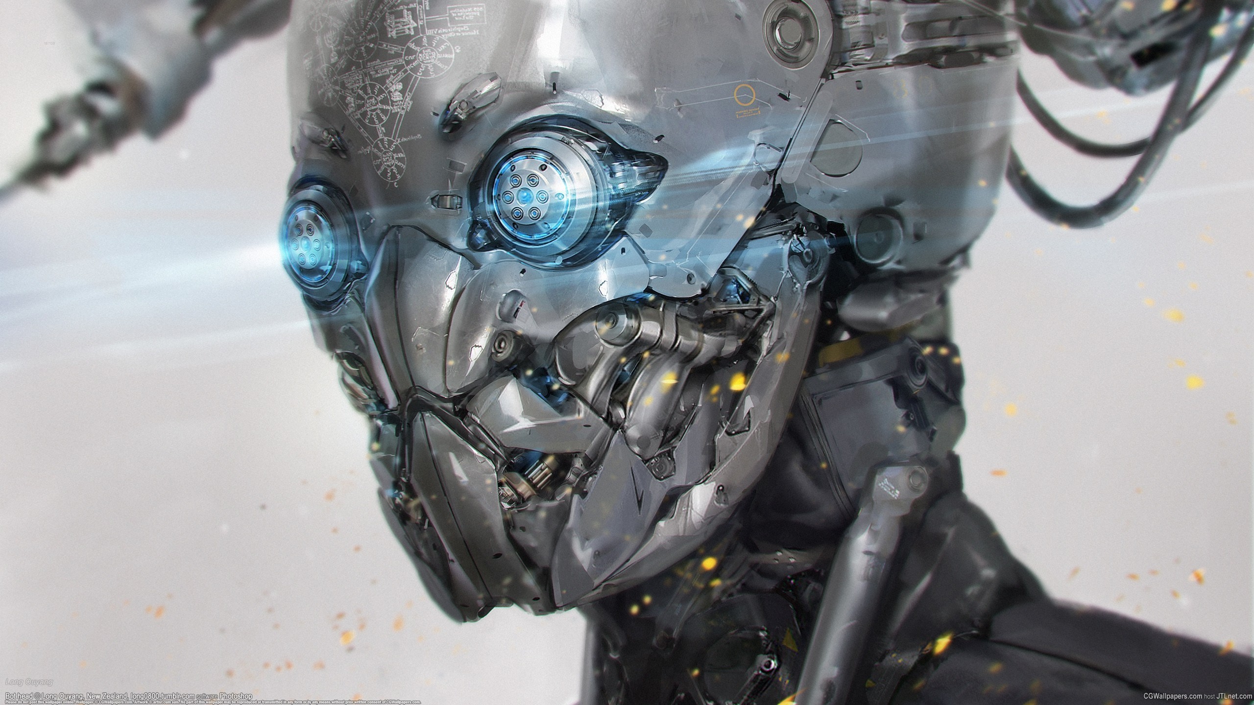 Close-up of a detailed robotic head with glowing blue eyes HD Wallpaper