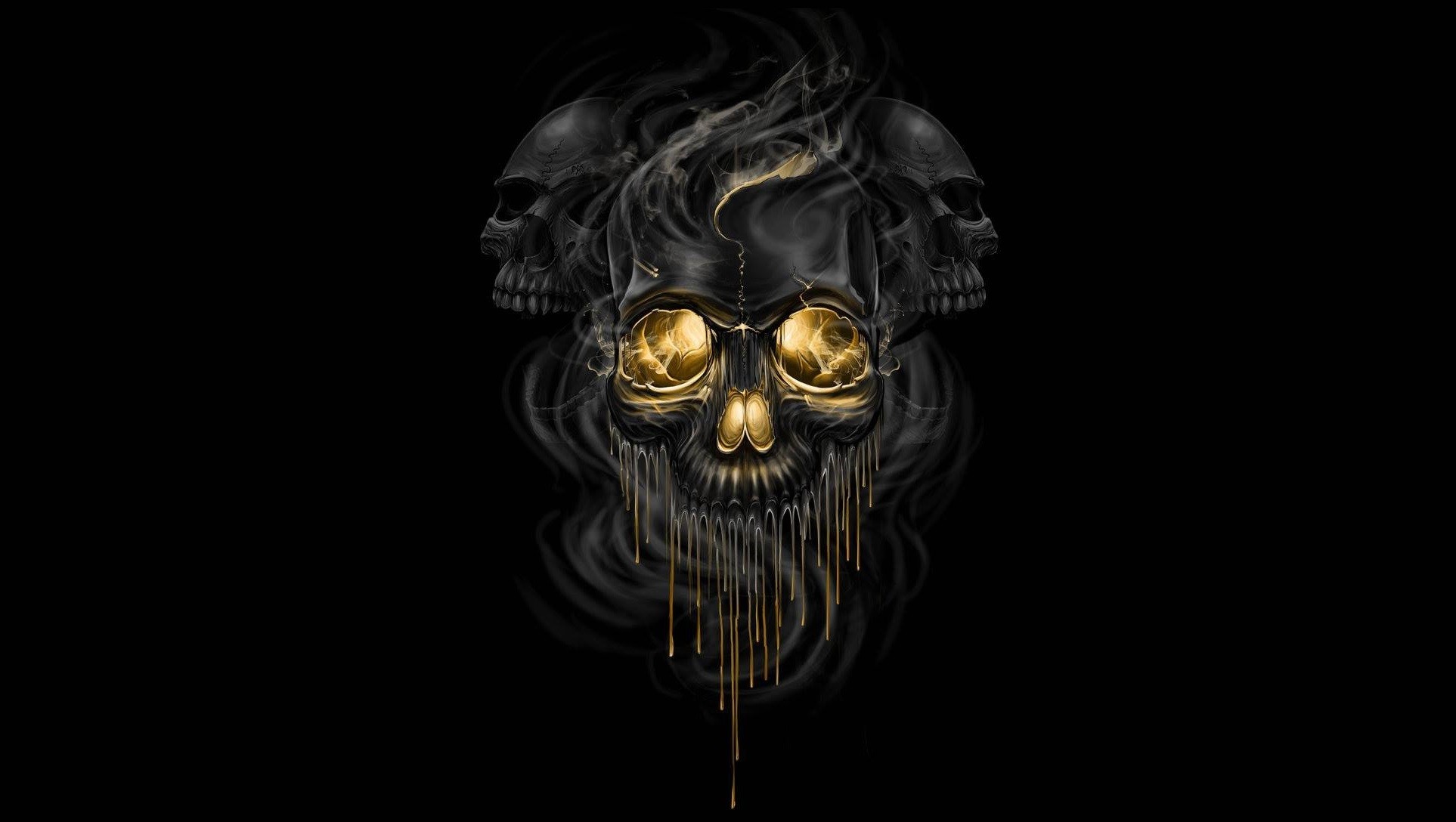 Artwork of three skulls with golden eyes and smoke HD Wallpaper