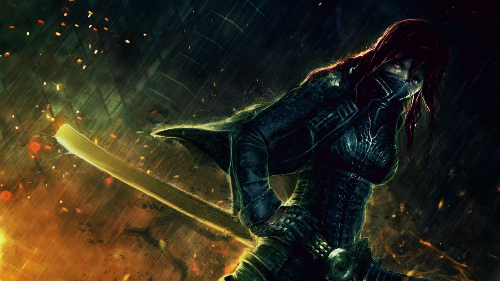 Artwork of a woman with a sword HD Wallpaper