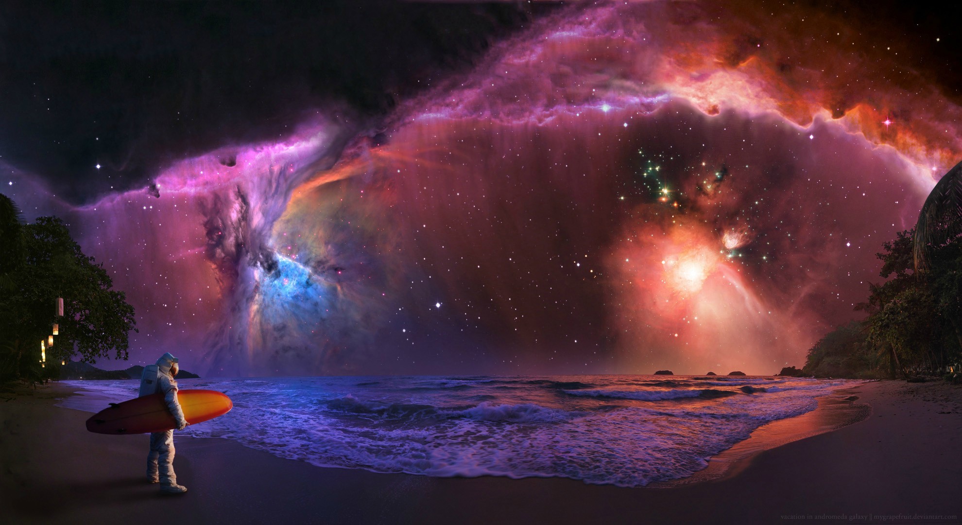 Astronaut with surfboard on a beach under a nebula HD Wallpaper