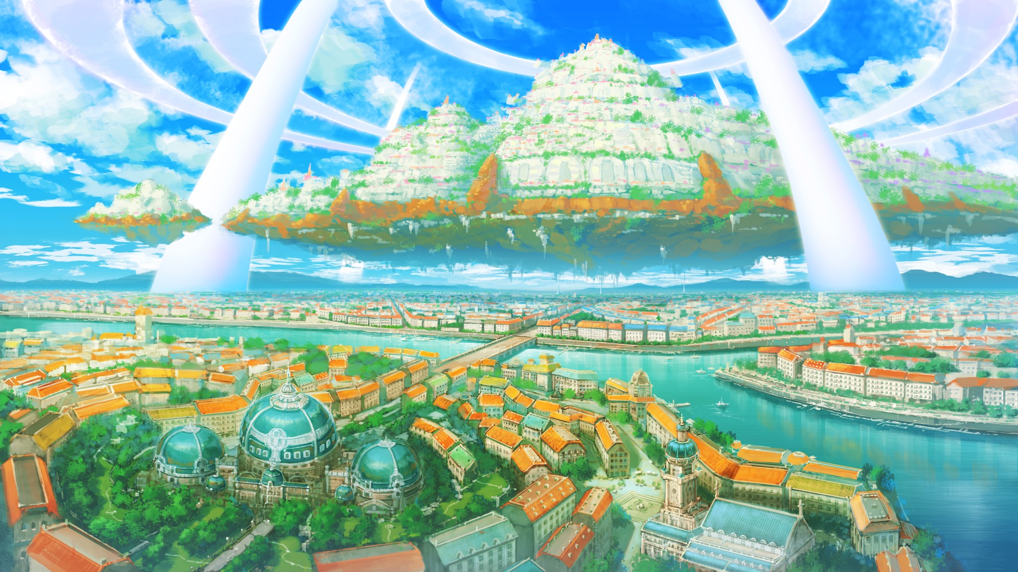 Floating islands city above a river city HD Wallpaper