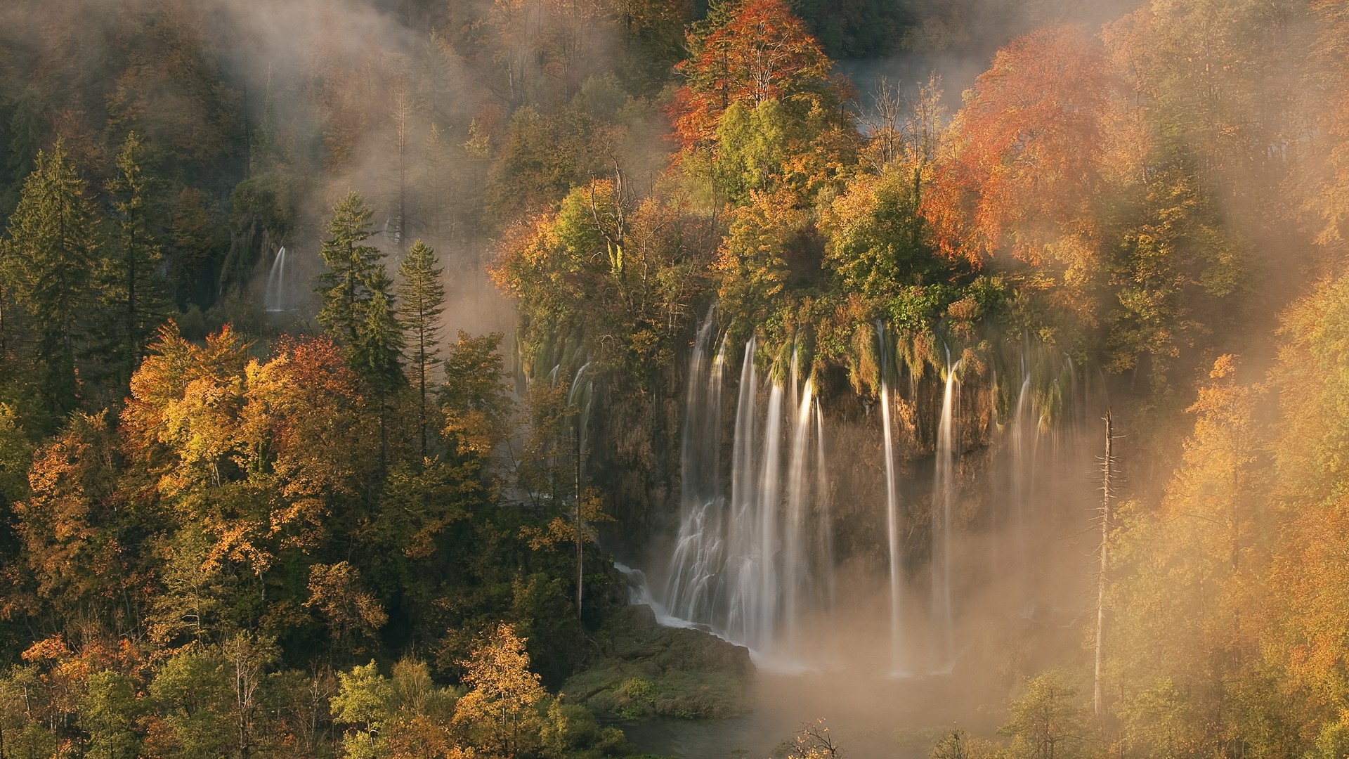 Waterfall in a misty autumn forest HD Wallpaper