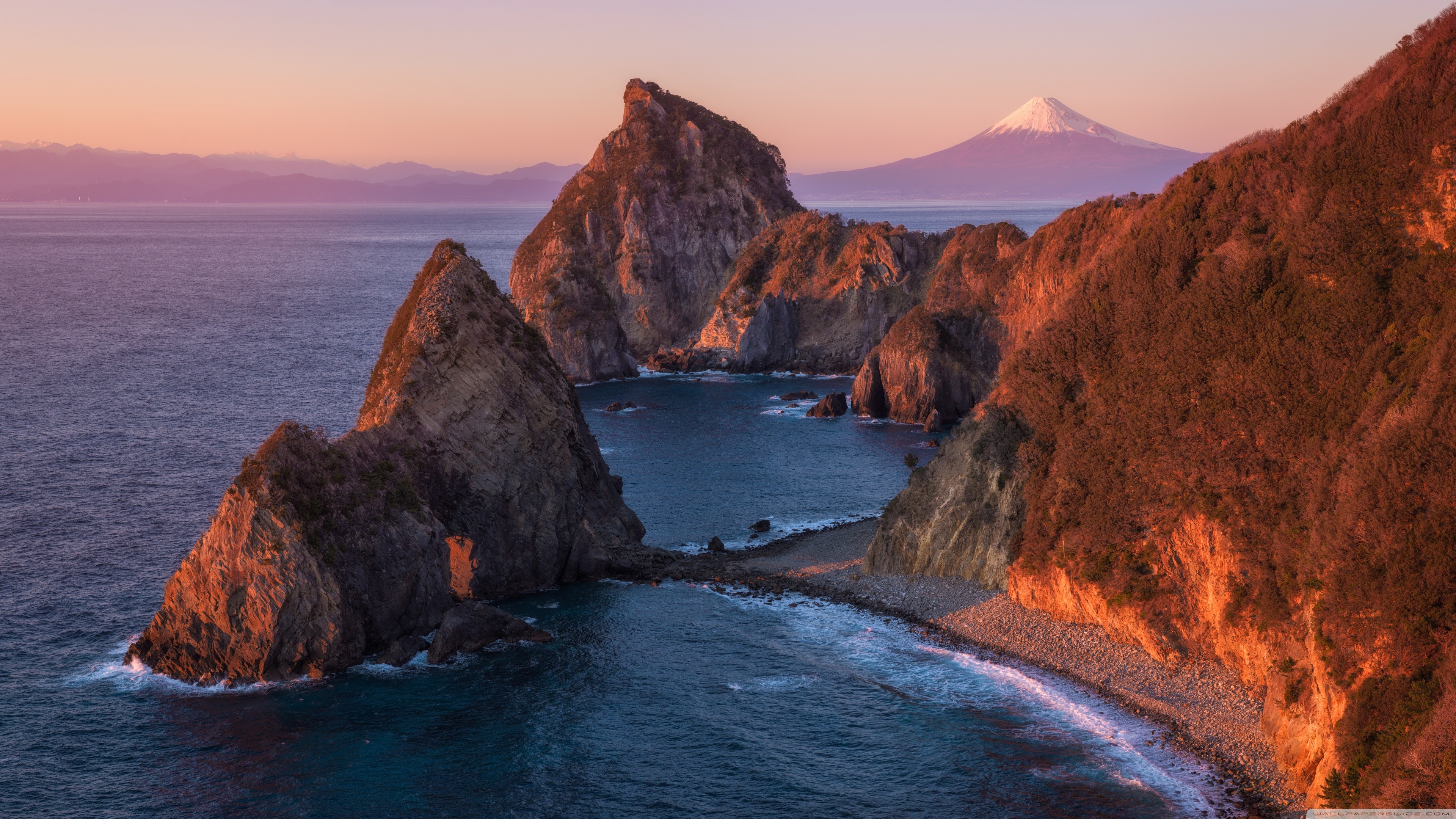 Mount Fuji and rocky coast at sunset HD Wallpaper