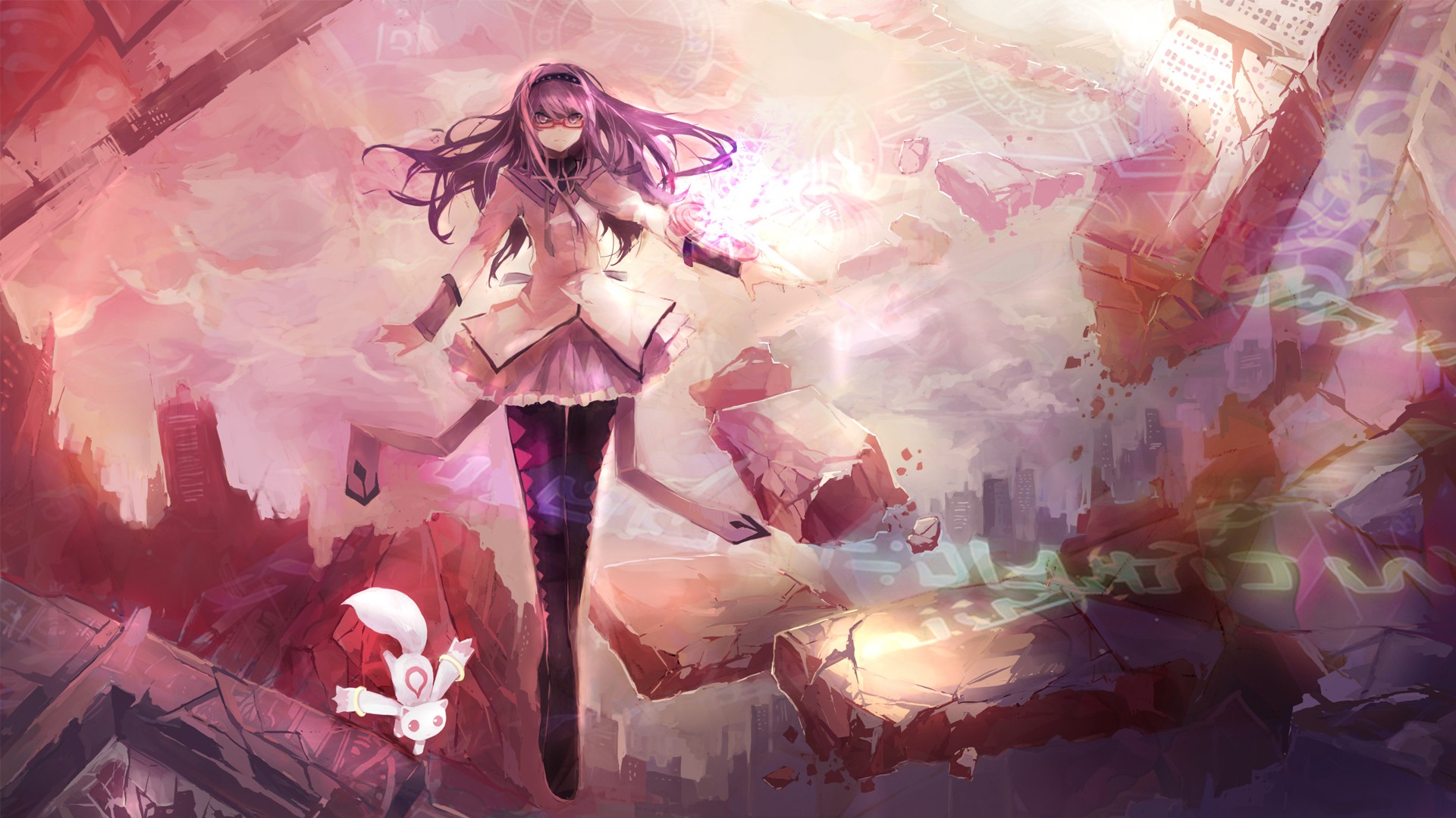 Akemi Homura and Kyubey in a destroyed city HD Wallpaper