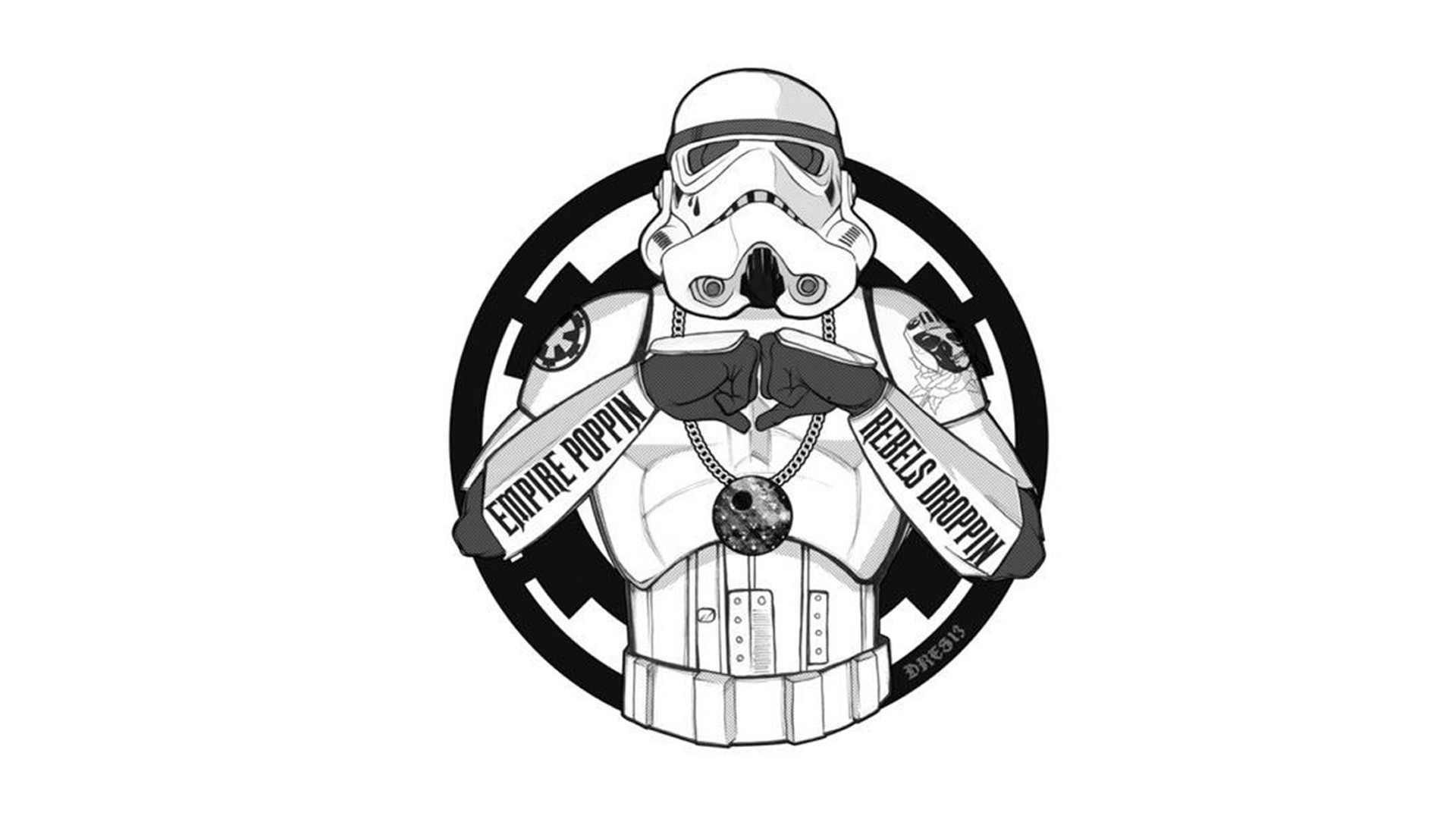 Stormtrooper with 'Empire Poppin Rebels Droppin' on arms HD Wallpaper