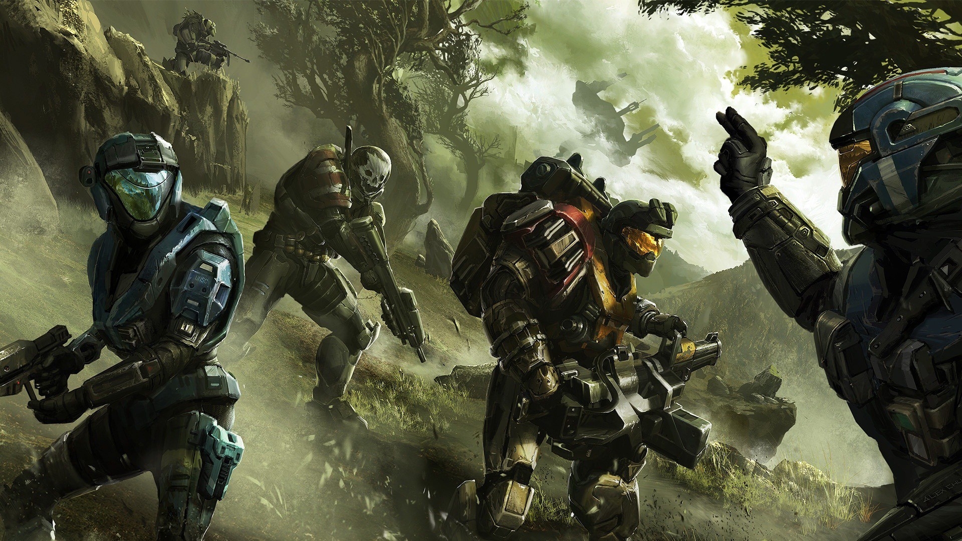 Halo soldiers in a misty, rocky landscape HD Wallpaper