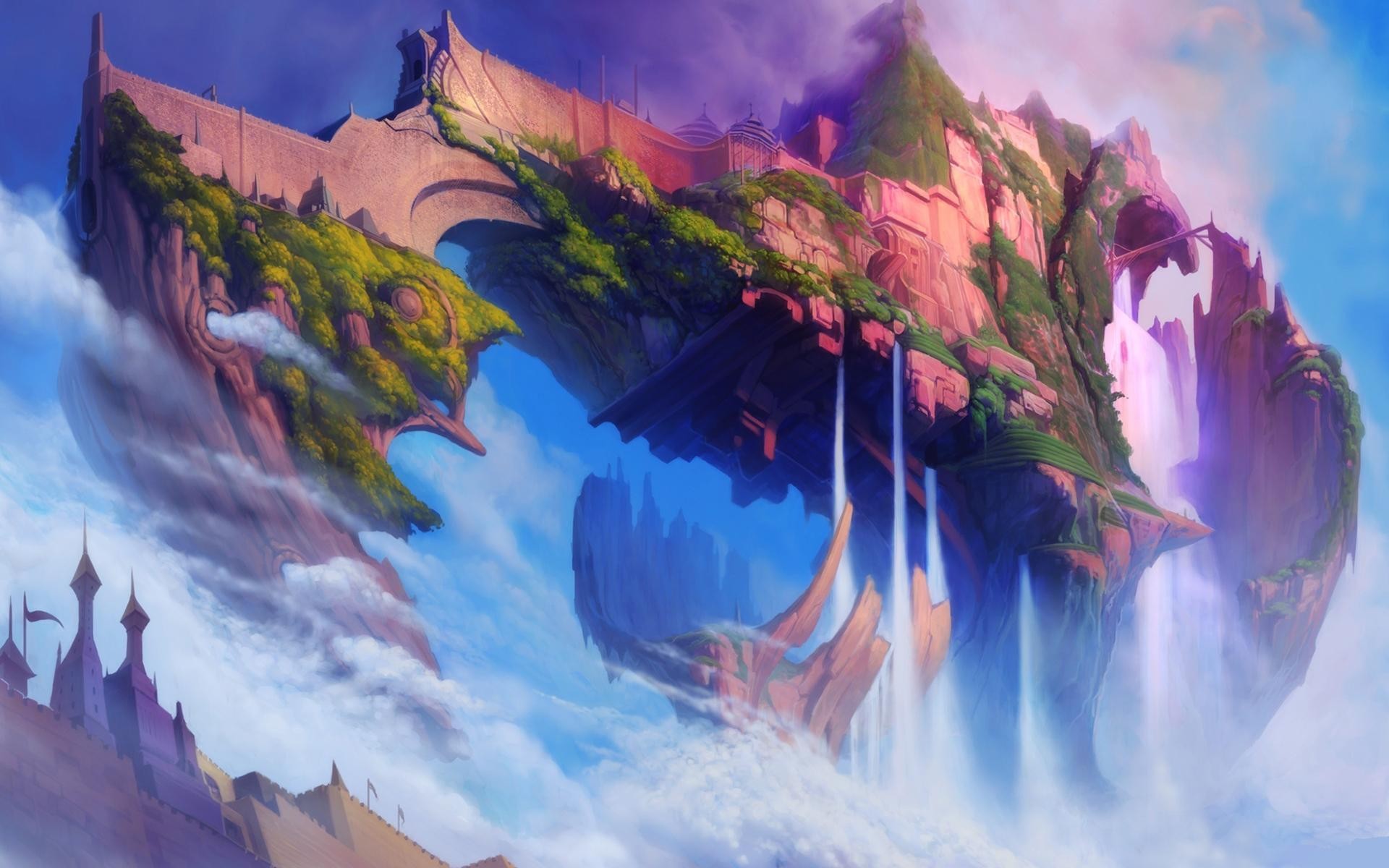 Floating islands with waterfalls and castles in the sky HD Wallpaper