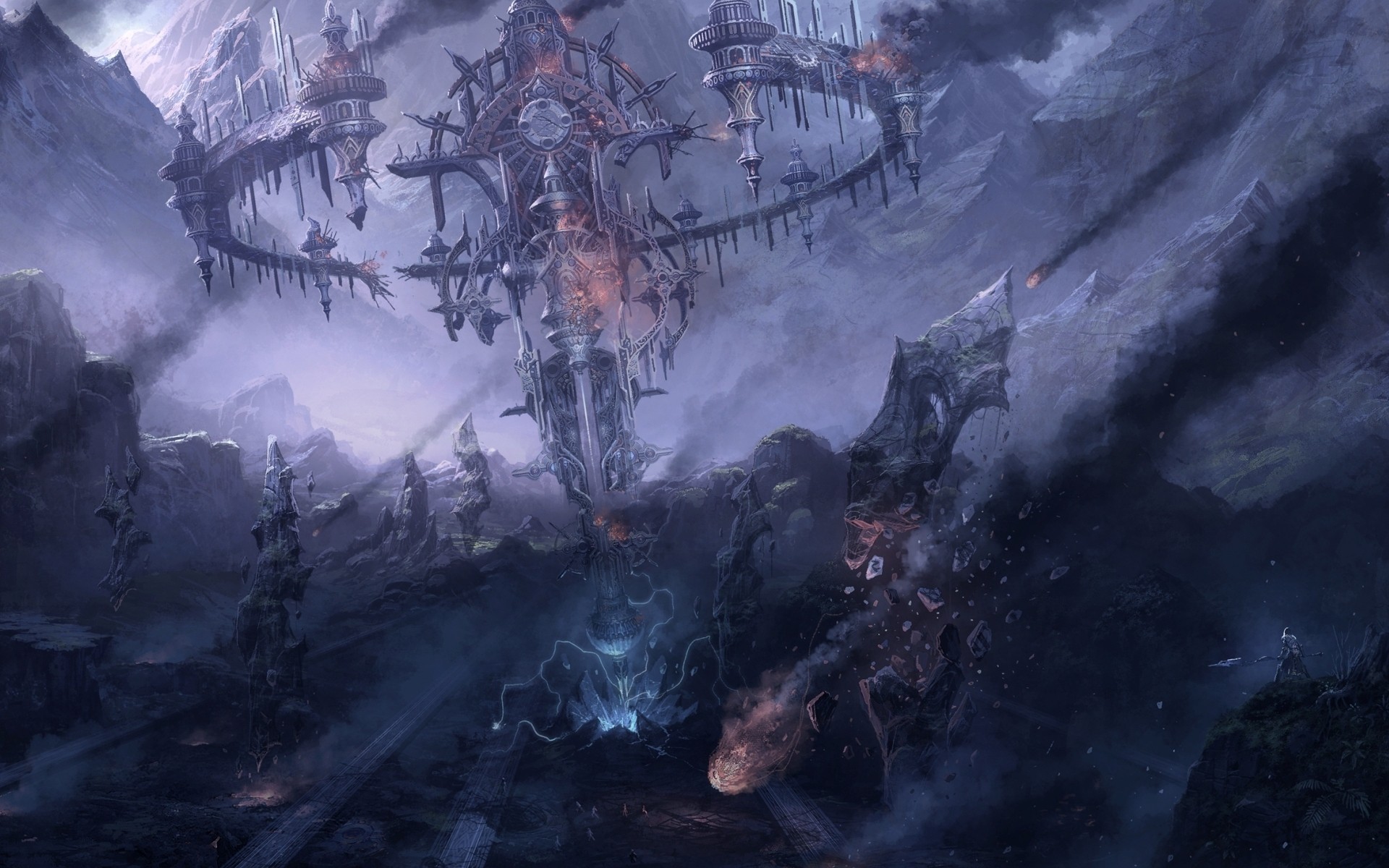 Fantasy art of a destroyed tower in a mountainous landscape HD Wallpaper