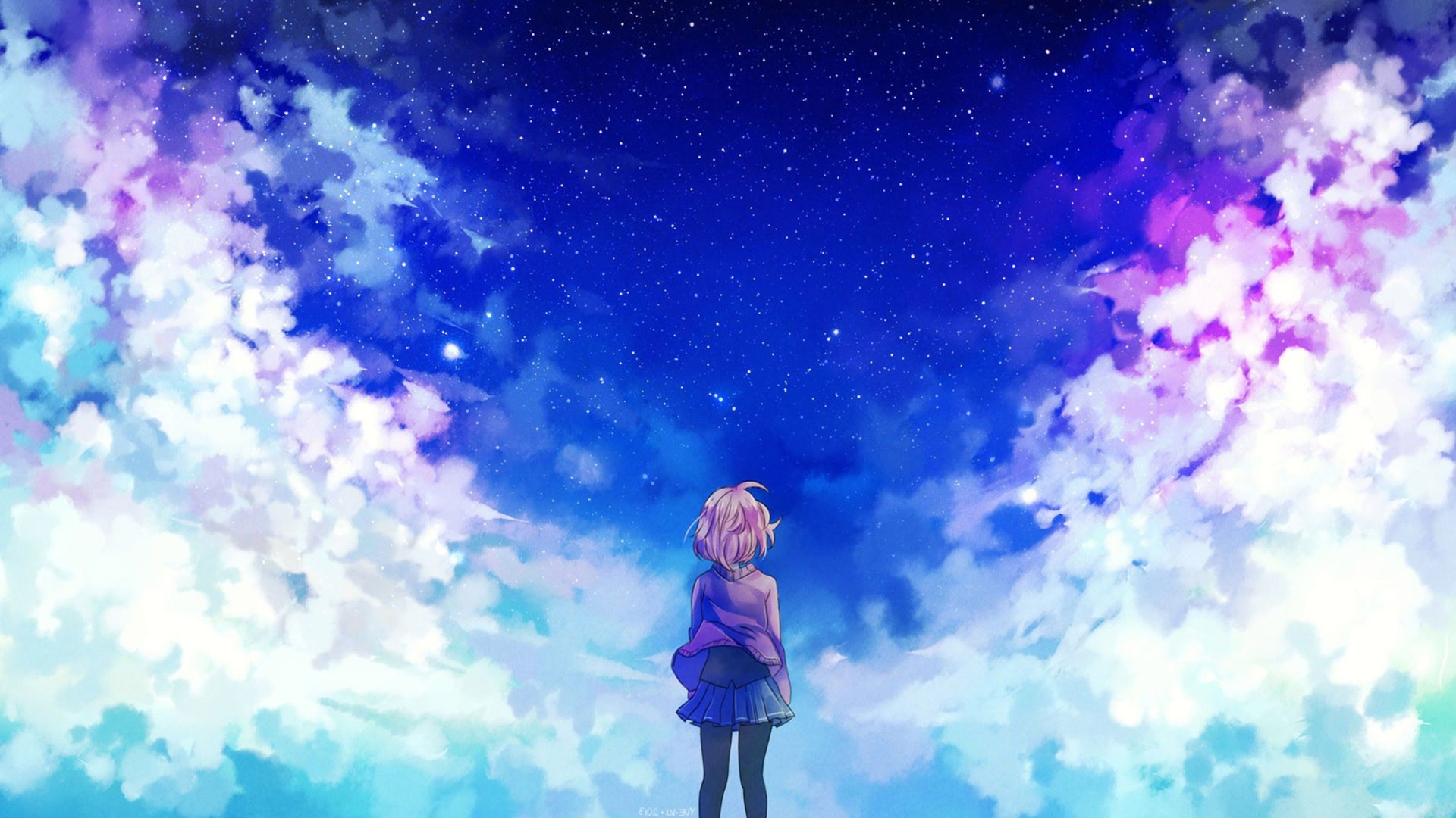 Kuriyama Mirai looking at a starry sky with clouds HD Wallpaper