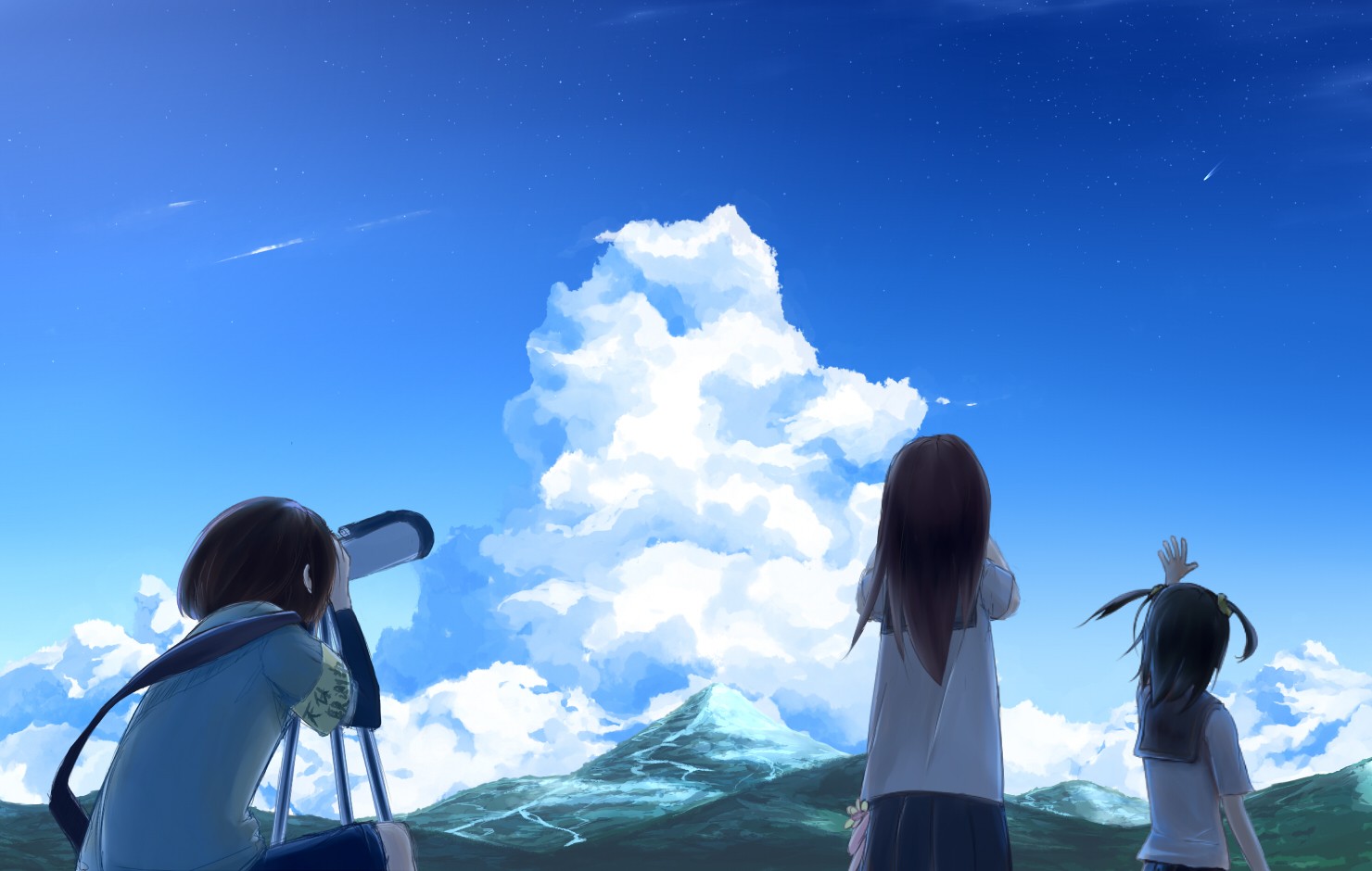 Anime girls looking at the sky with a telescope HD Wallpaper