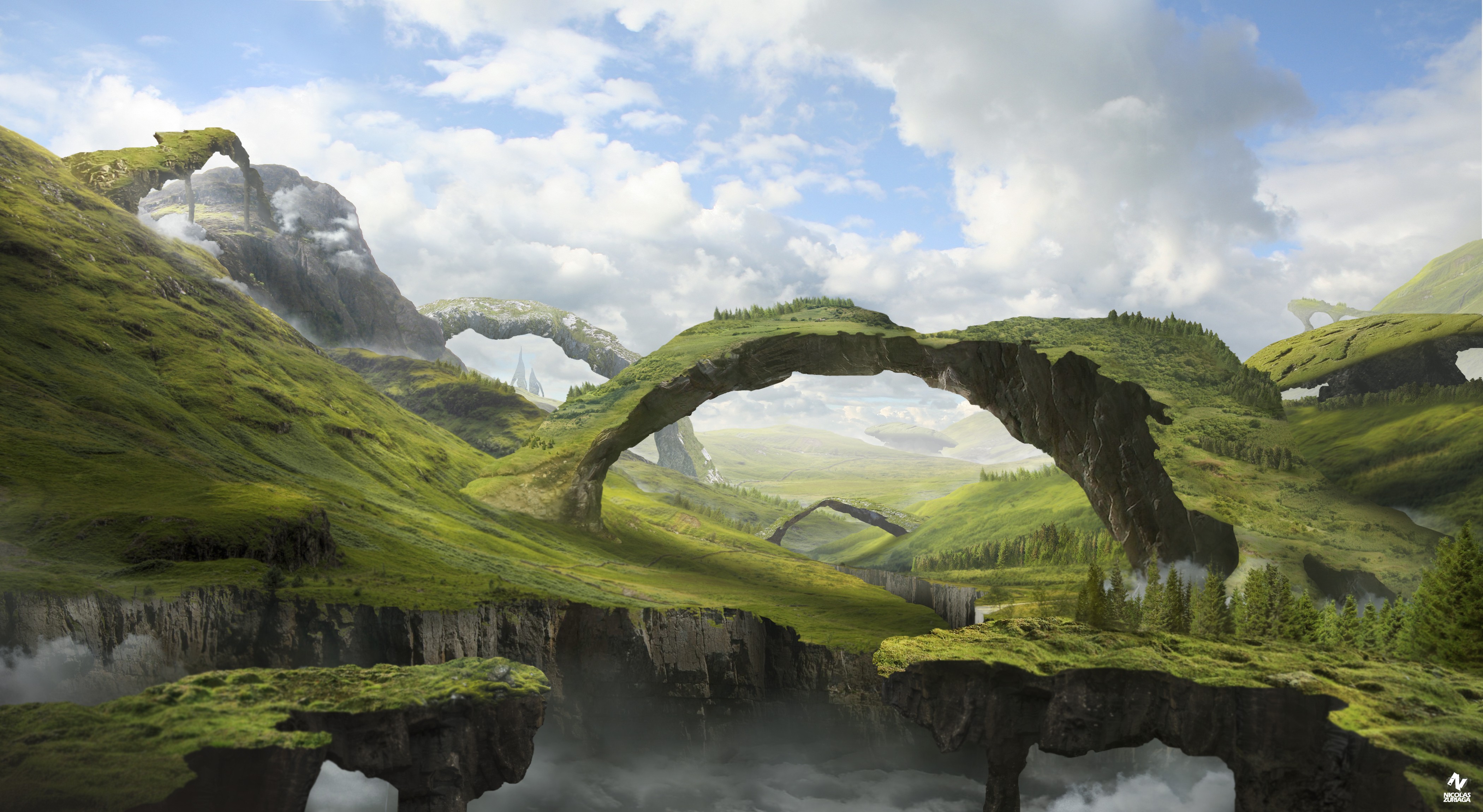 Fantasy landscape with natural arches and floating islands HD Wallpaper