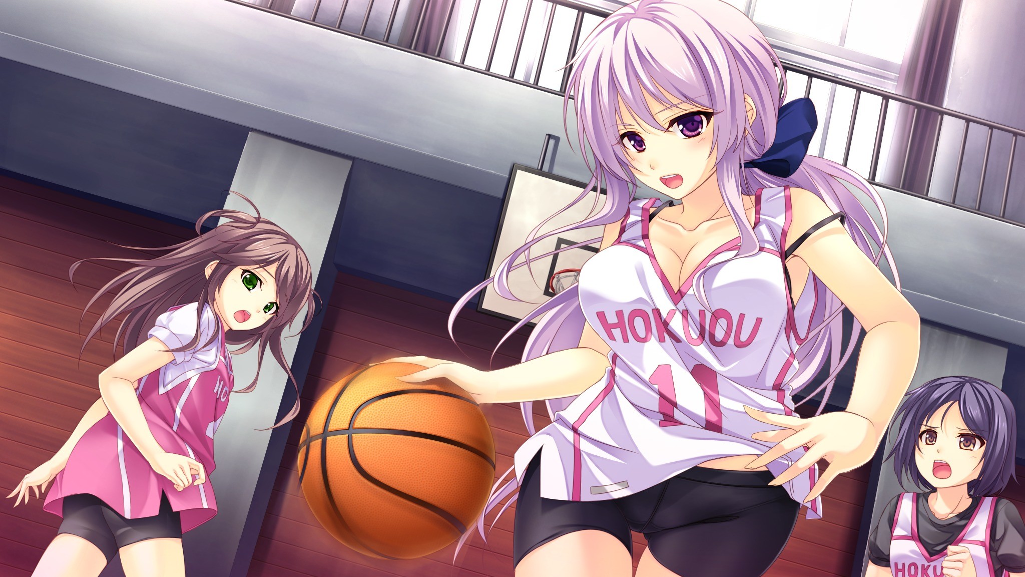 Anime girls playing basketball in a gym HD Wallpaper