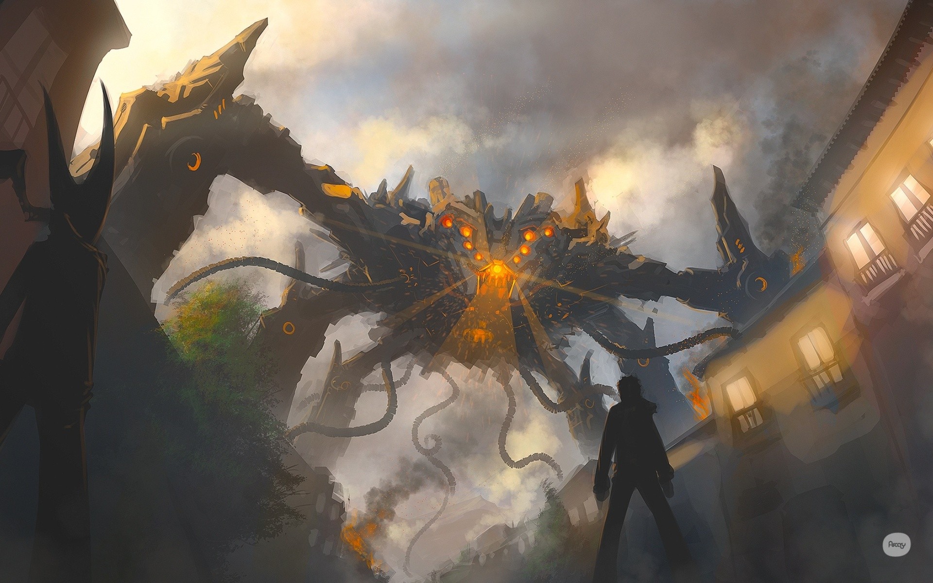 Giant mechanical monster attacks a city HD Wallpaper