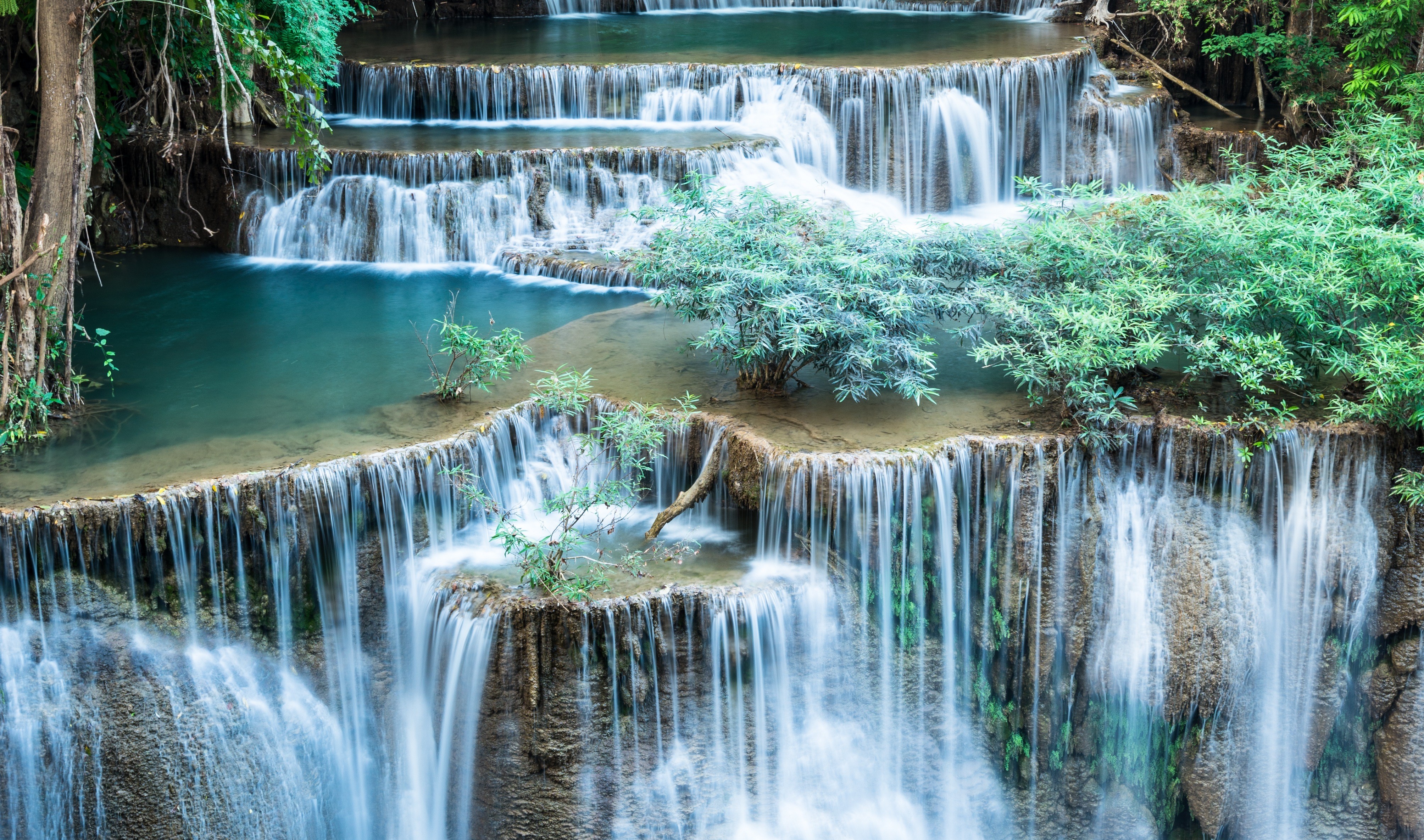 Tiered waterfall cascading through lush green forest HD Wallpaper