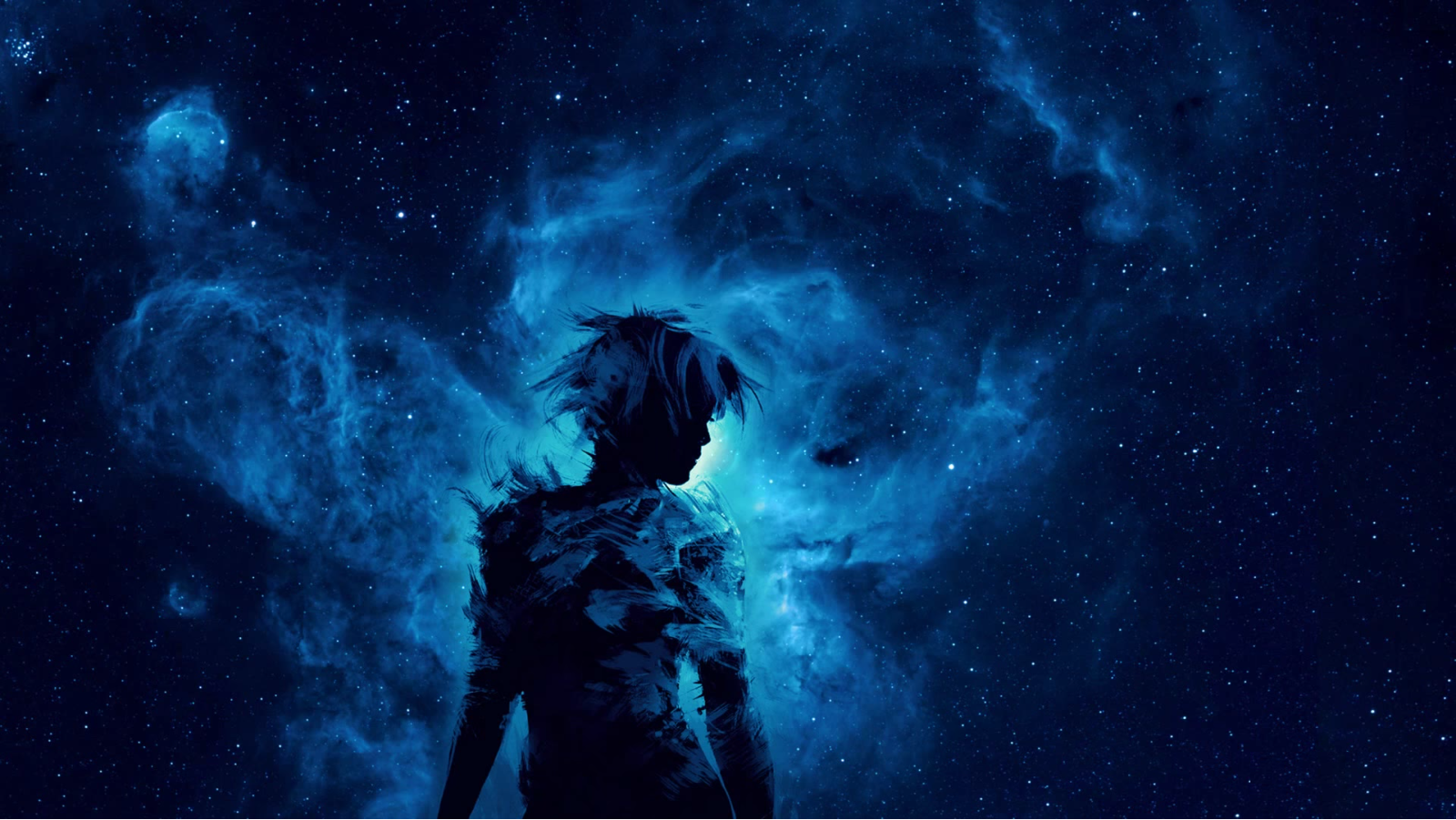 Silhouette of a person against a starry nebula HD Wallpaper