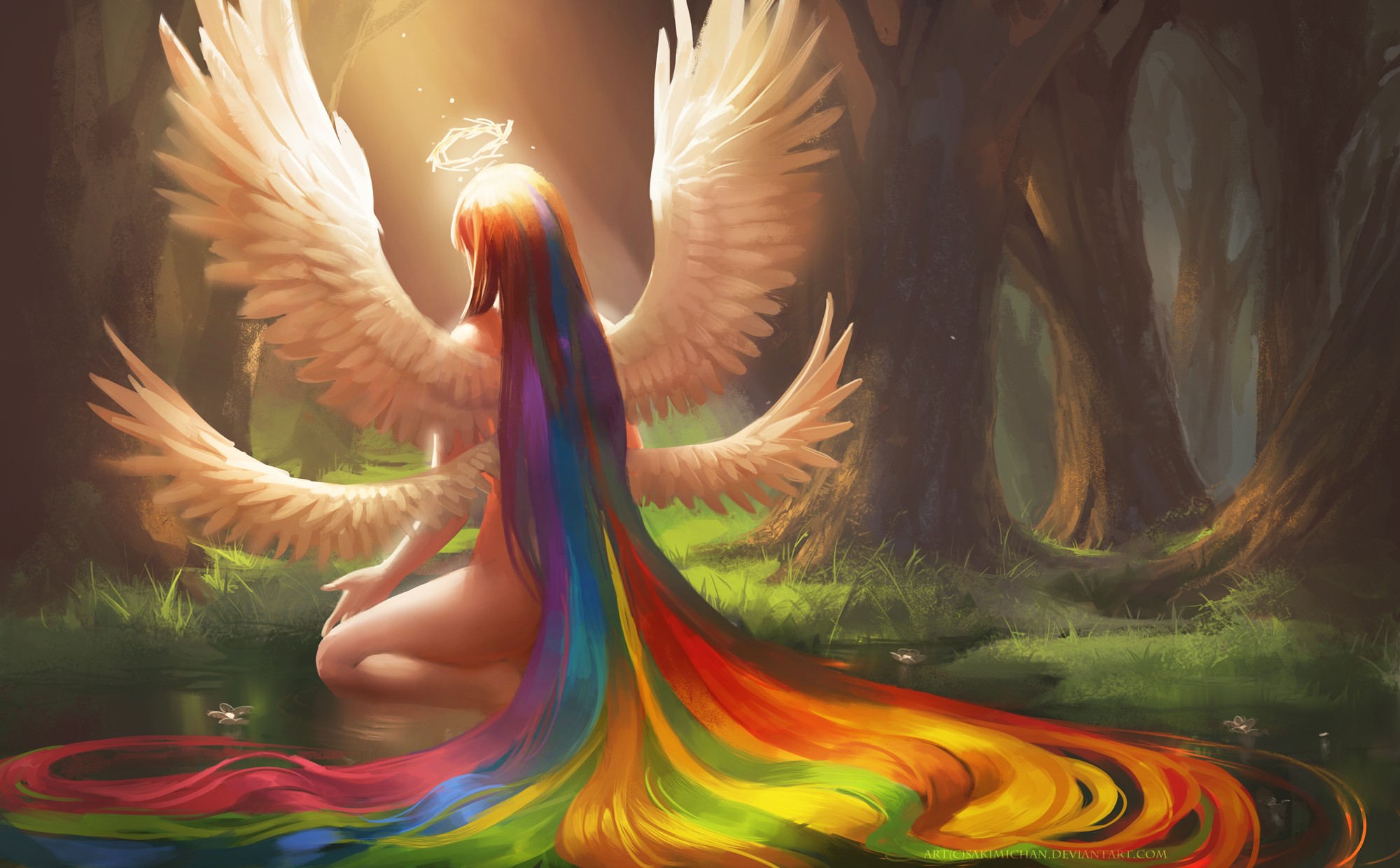 Angel with rainbow hair in a forest by the water HD Wallpaper