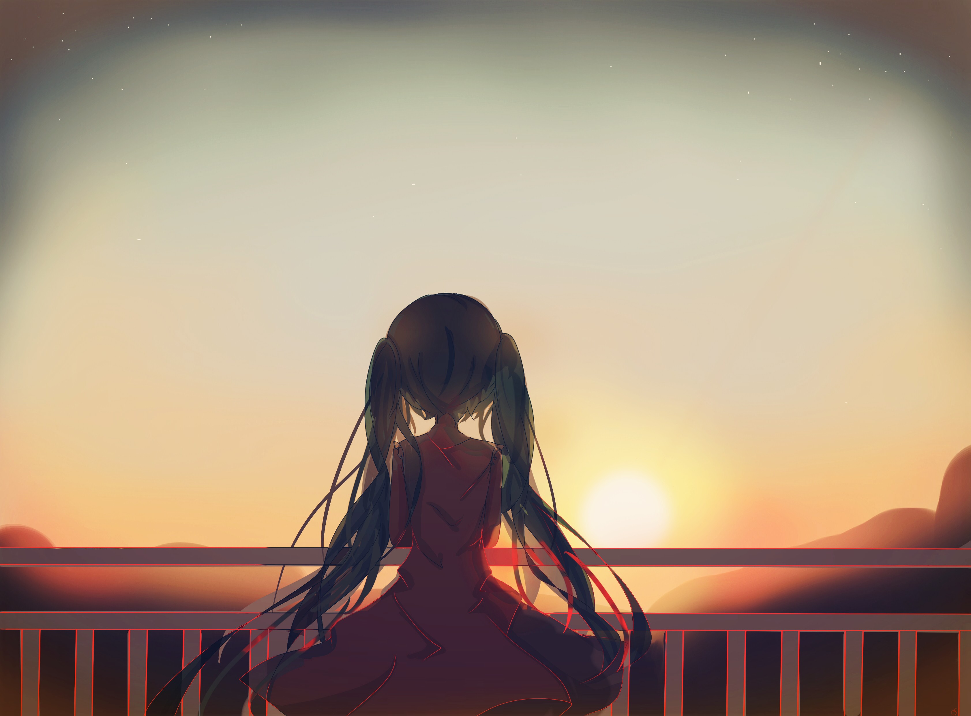 Hatsune Miku watching the sunset from a balcony HD Wallpaper